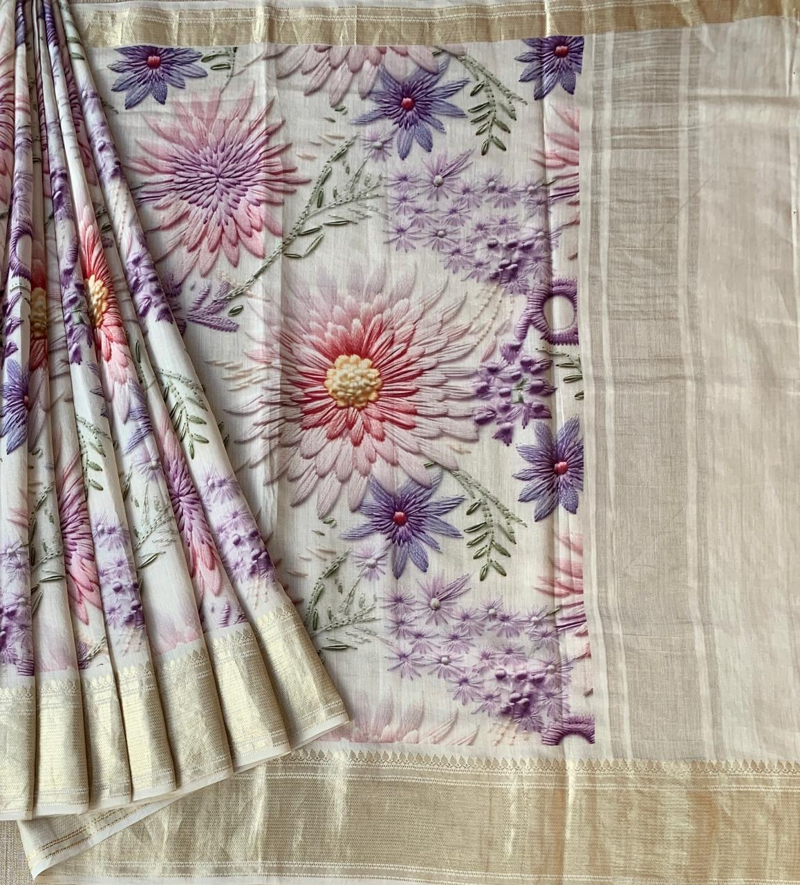 Ivory Pure Handloom Chiniya Silk Saree with stunning Floral Print and zari borders
