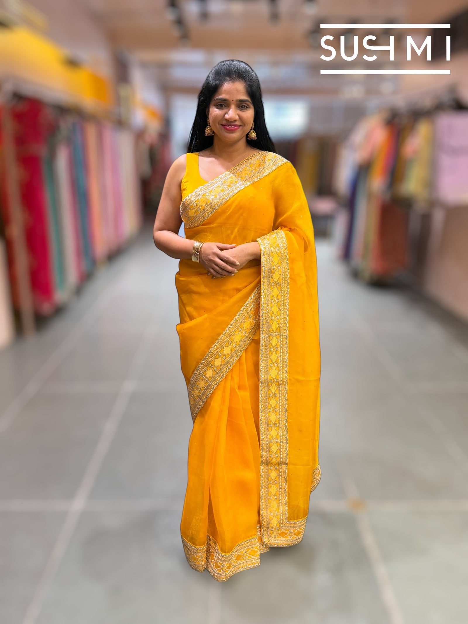 Marygold Yellow pure Organza with sabhya borders : S62F144