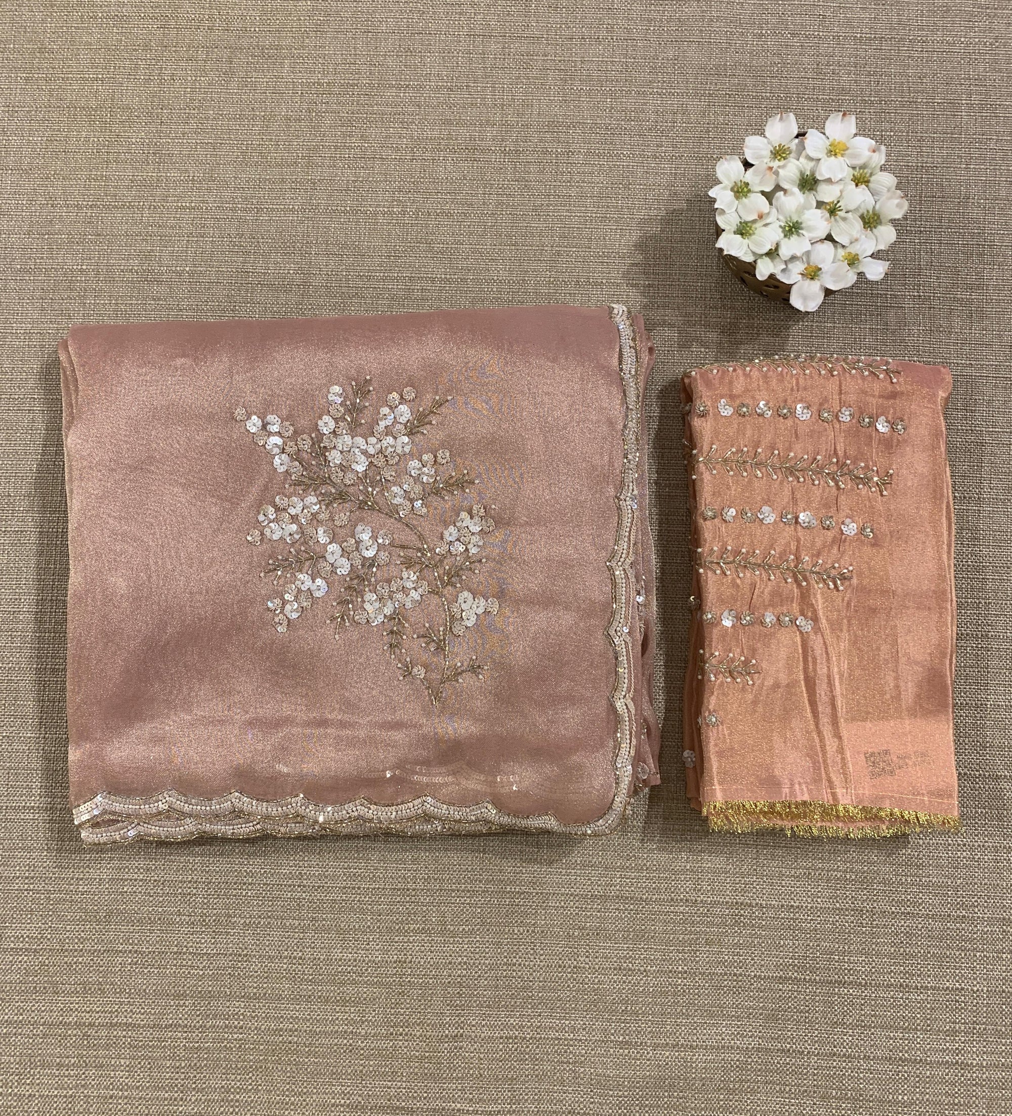 Tissue Gorgette Saree With Handwork Border and Blouse.