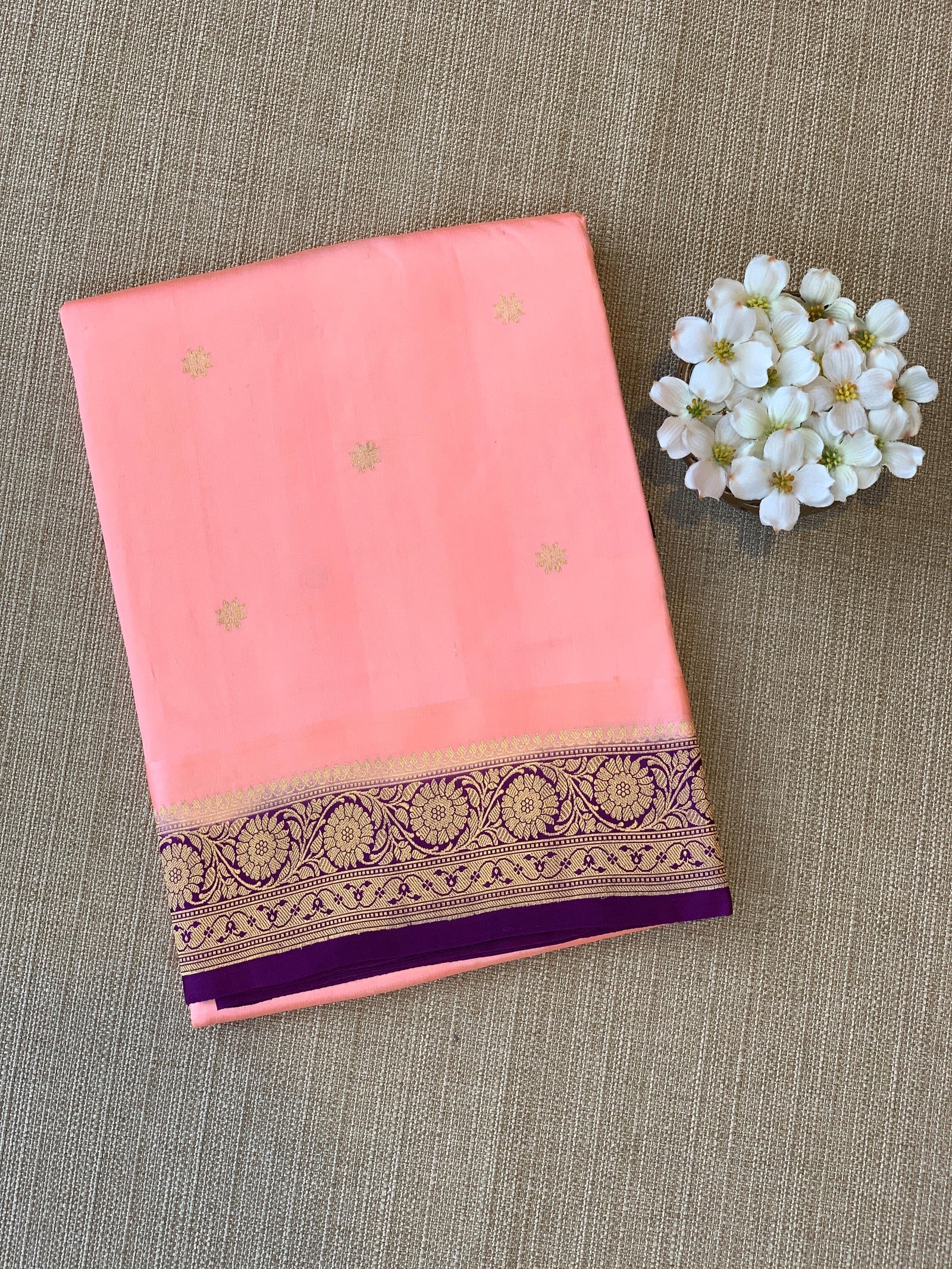 Peach Pink & Purple Combo Raw Mangoe Silk Saree with heavy weaving mashru border & kaduwa woven motifs.