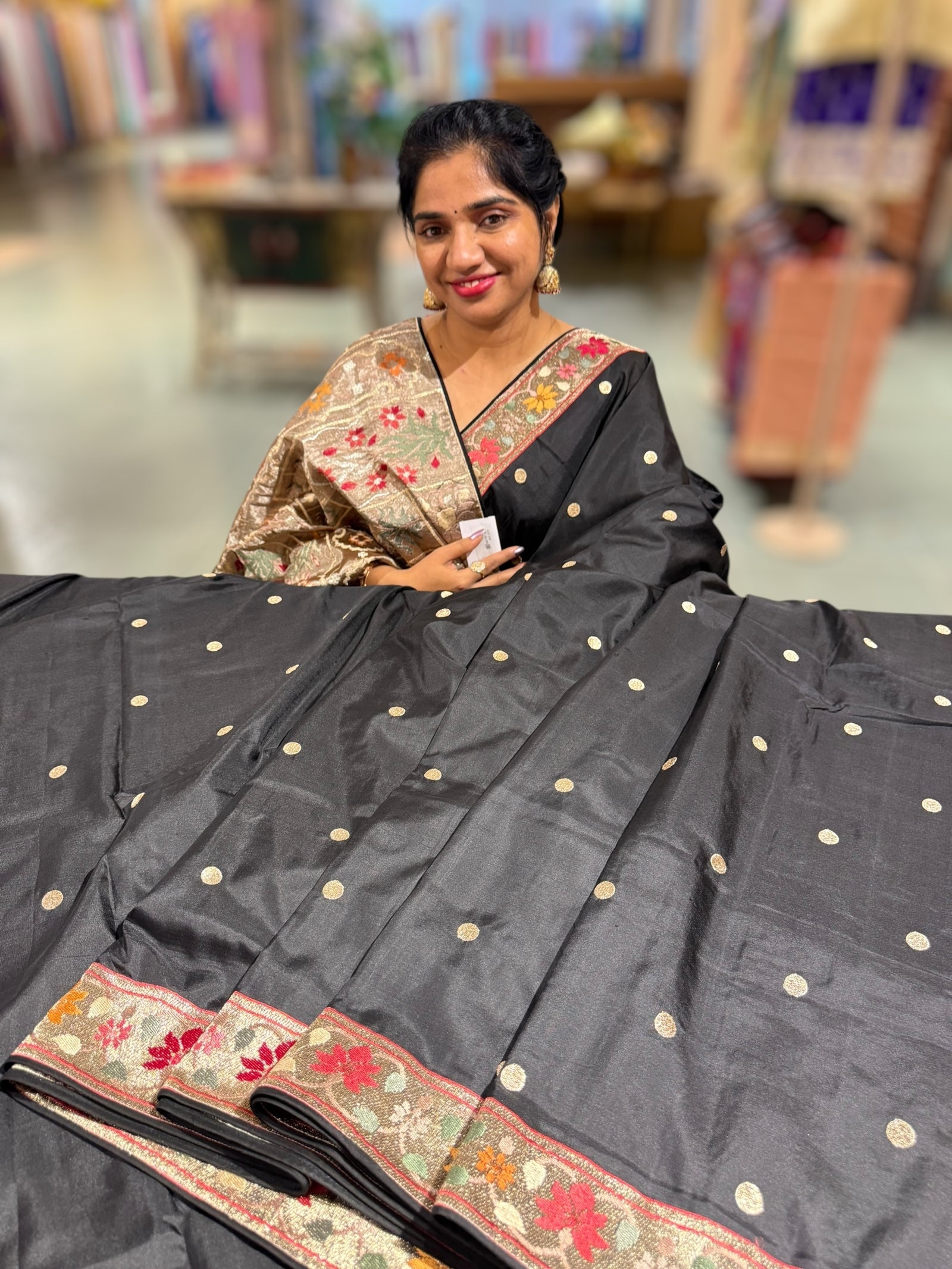 Black Kanchi soft silk saree with pythani and jamdani inspired embroidery