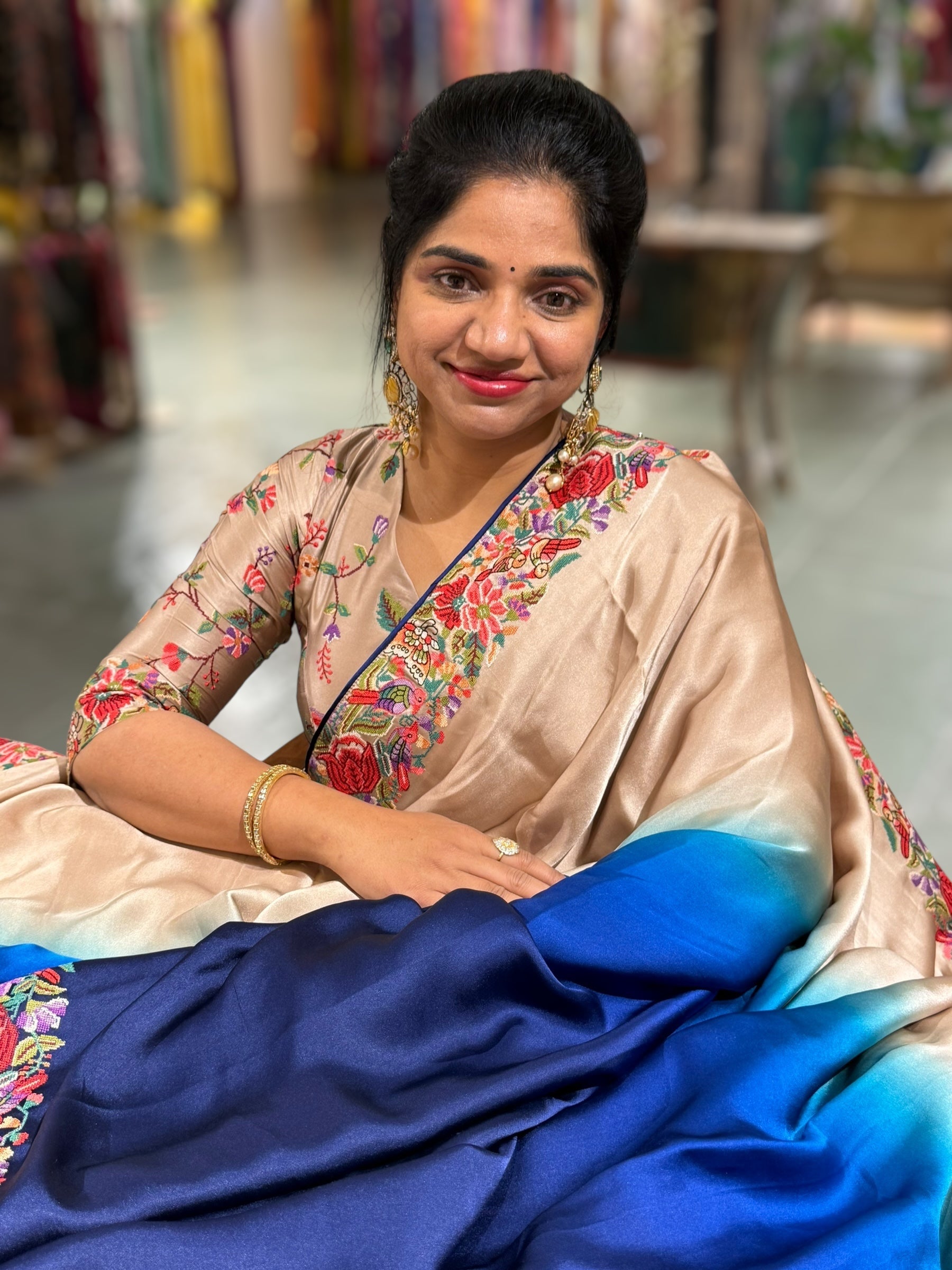 Pure Satin Ombre Dyed Saree with Petite Point Embroidered Border and blouse.