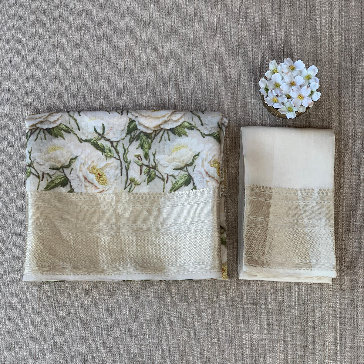 Ivory Pure Handloom Chiniya Silk Saree with stunning 3D Floral Print and zari borders