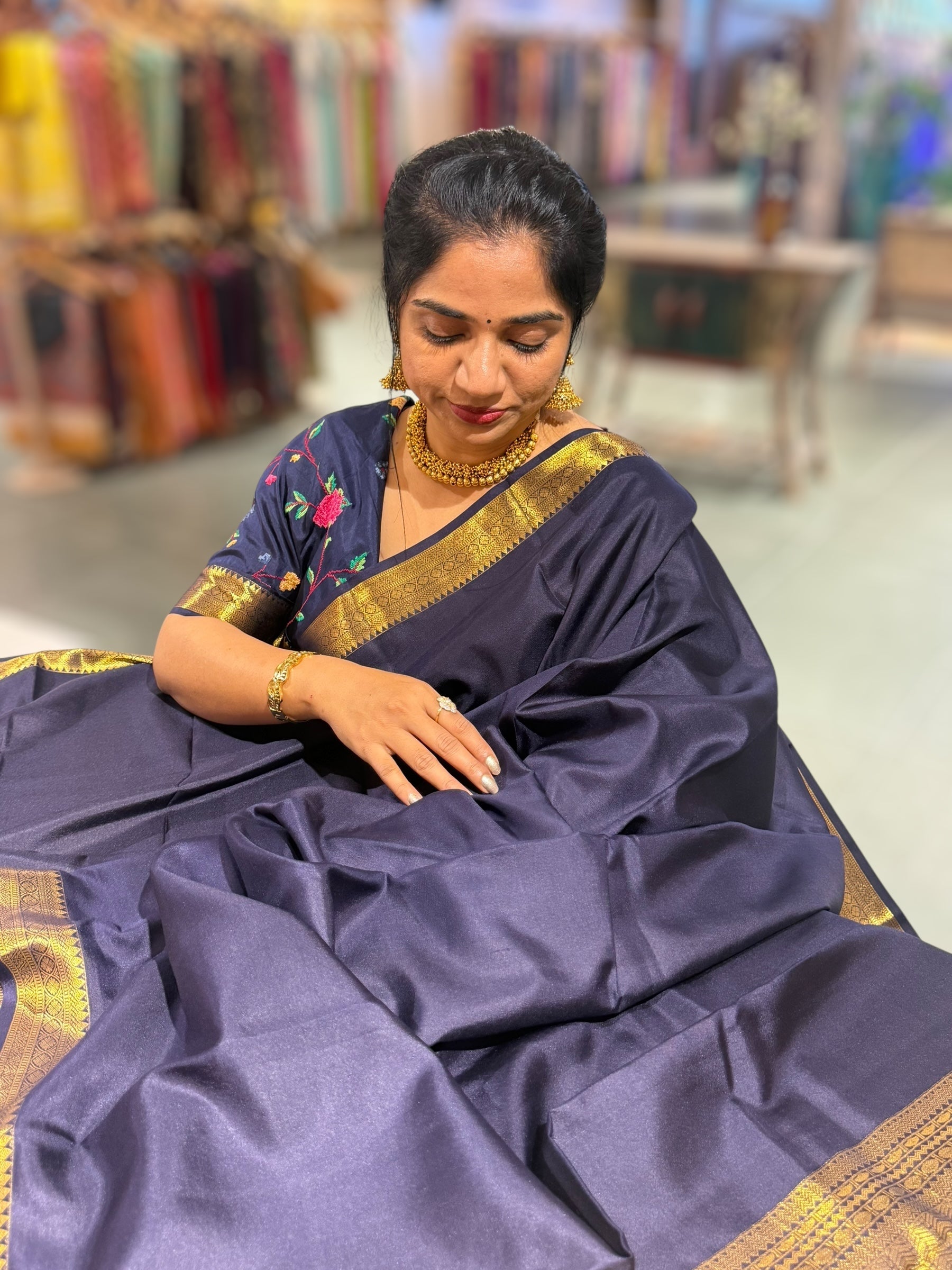 Midnight Blue Kanchi Vintage Saree with Petite Point Embroidered Blouse