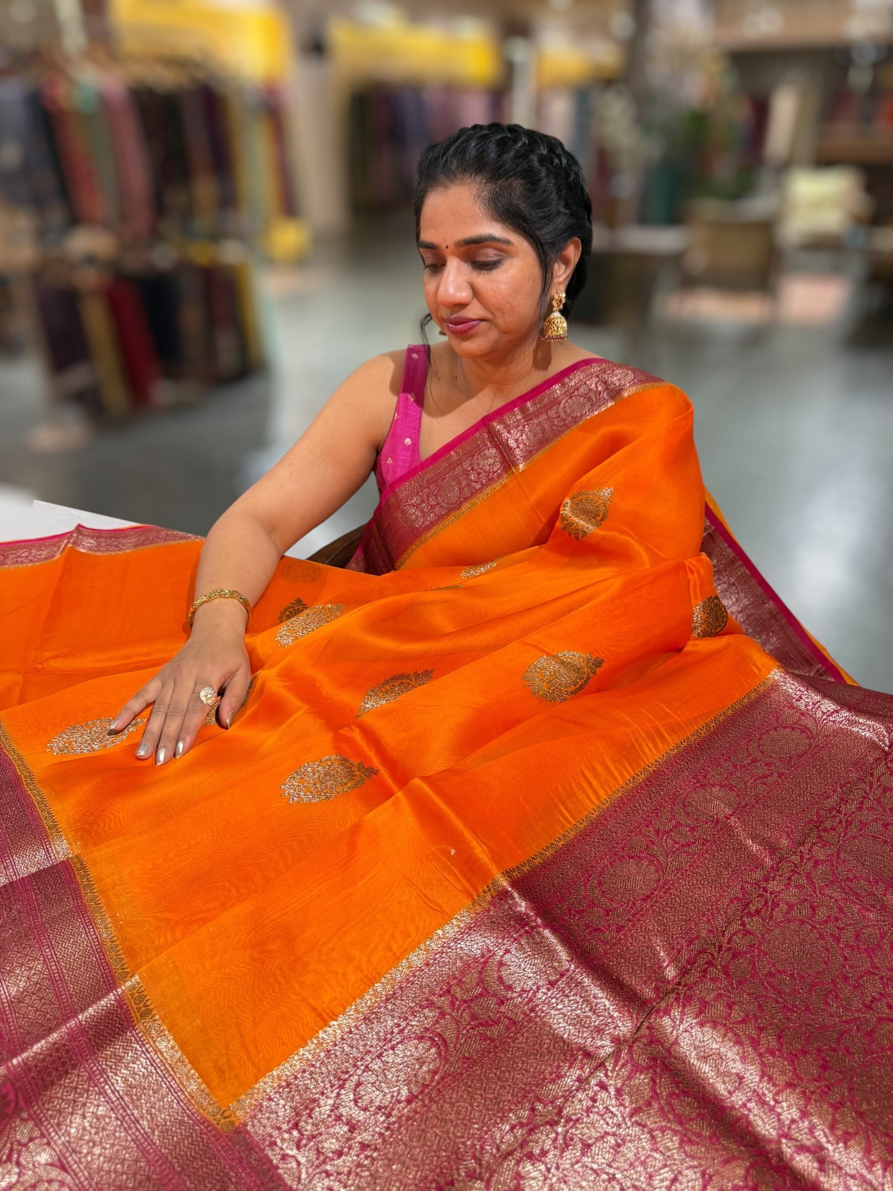 Orange & Ruby Pink Pure Handloom Kora Banarasi Saree