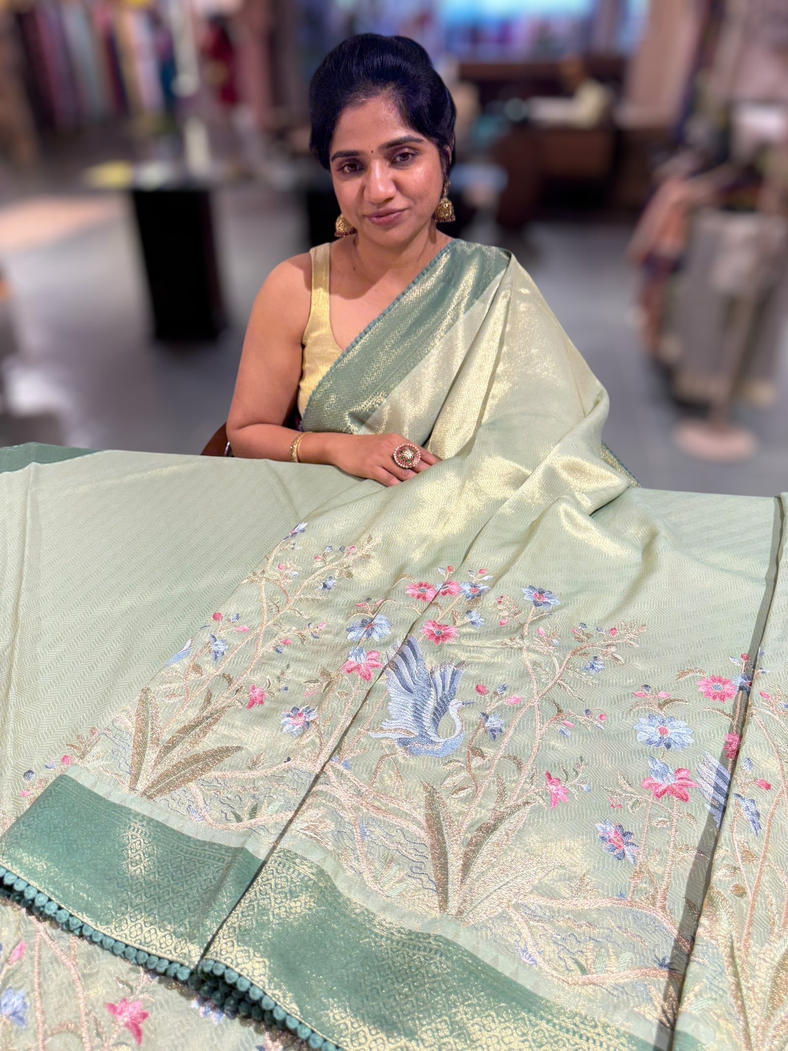 Sage Green Banarasi Tissue with embroidered border