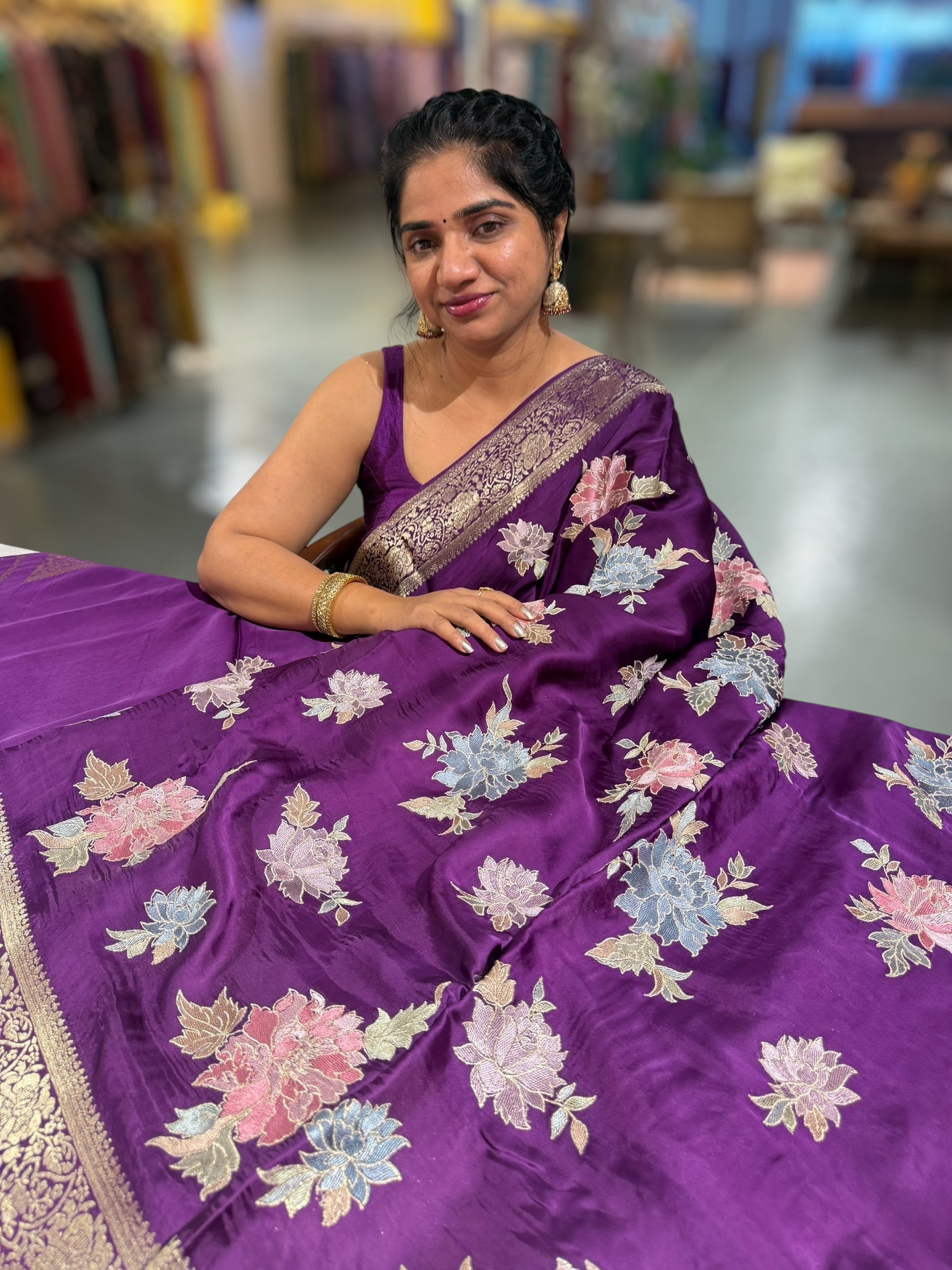 Wine Mashru Satin Saree with Allover Floral embroidery