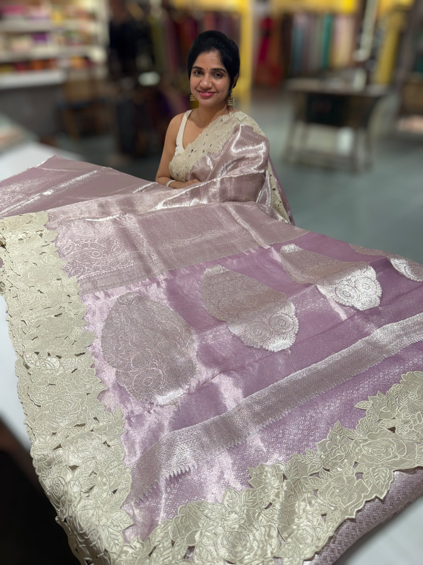 Lilac Tissue Brocade allover weaving Saree with Tissue Cutwork Rose Border