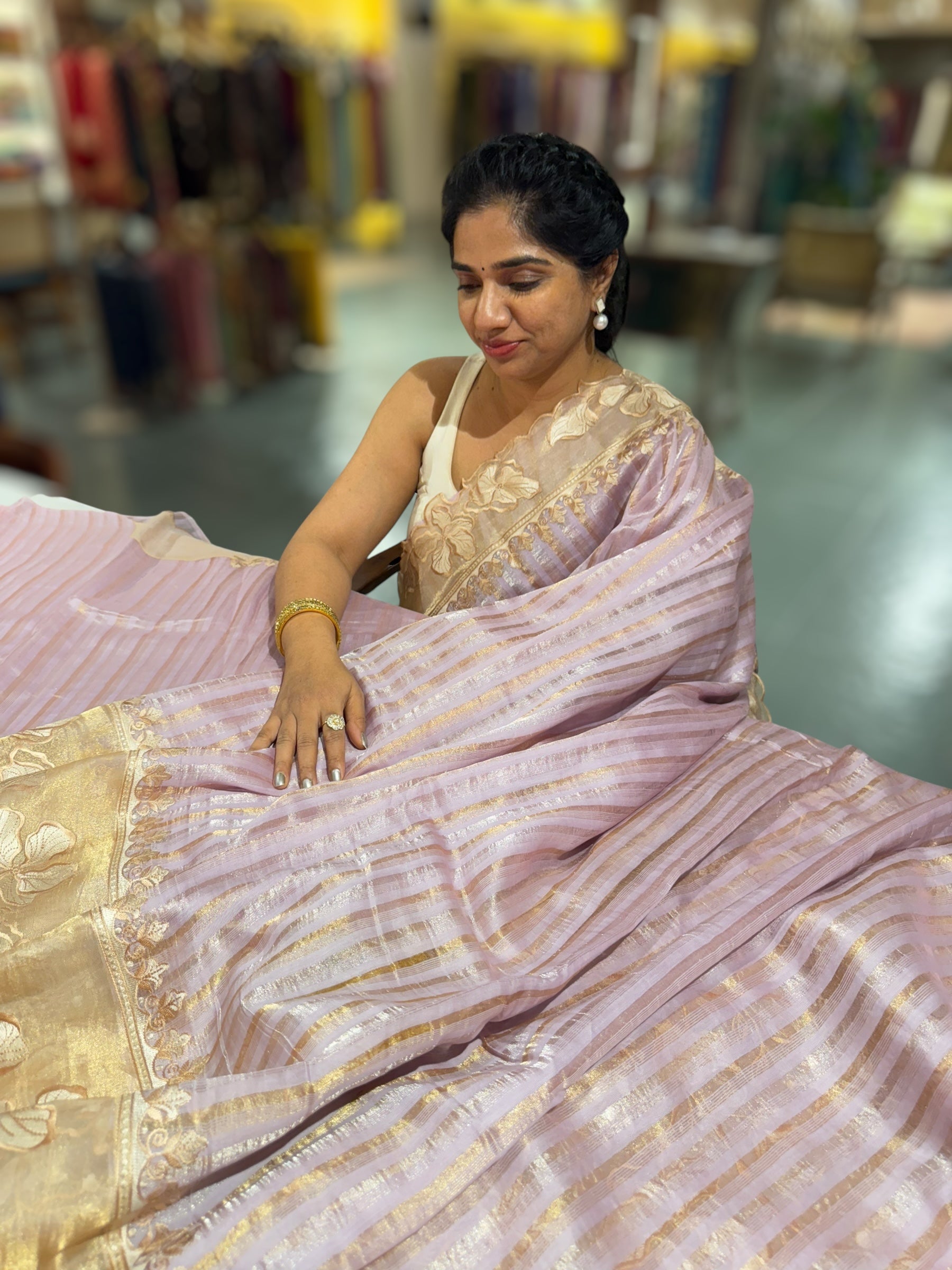 Lilac Mul Tissue Stripes Saree With Tissue Cutwork  Border & Blouse