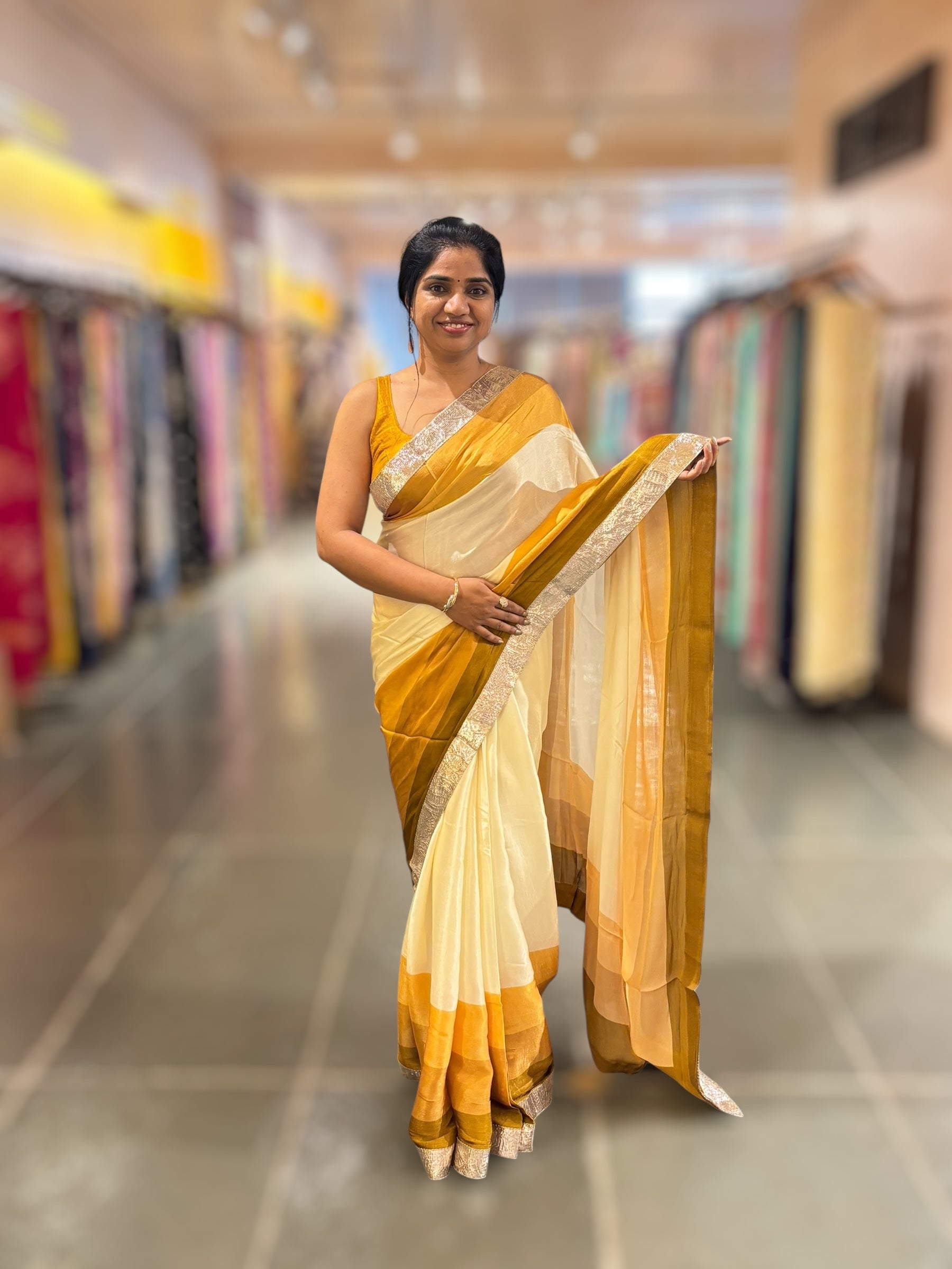 Ivory & mustard combo Chinnon Crepe Saree with Gotapatti Borders