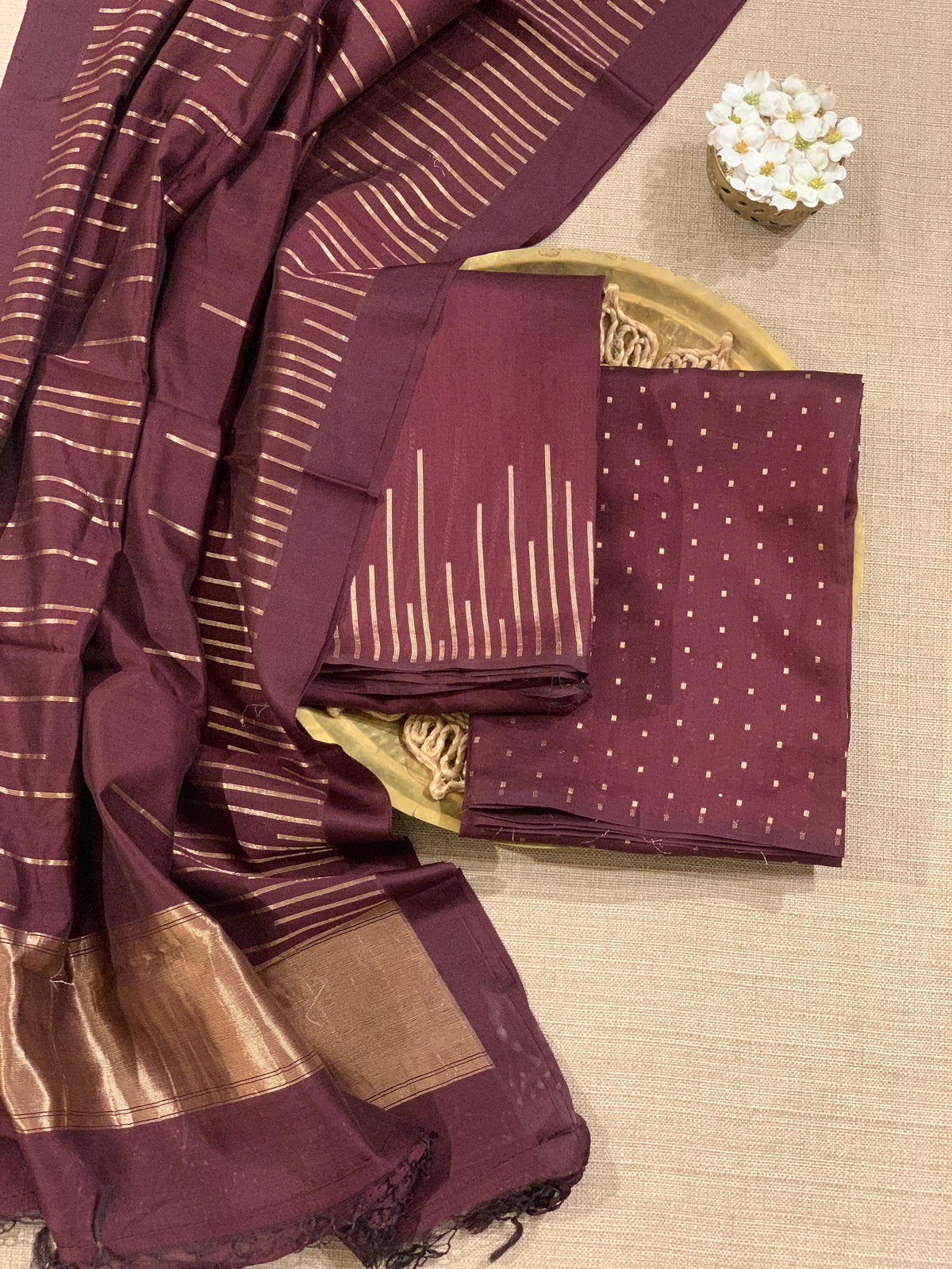 Brown Banarasi Handloom Chiniya Silk 3-pc Suit Set