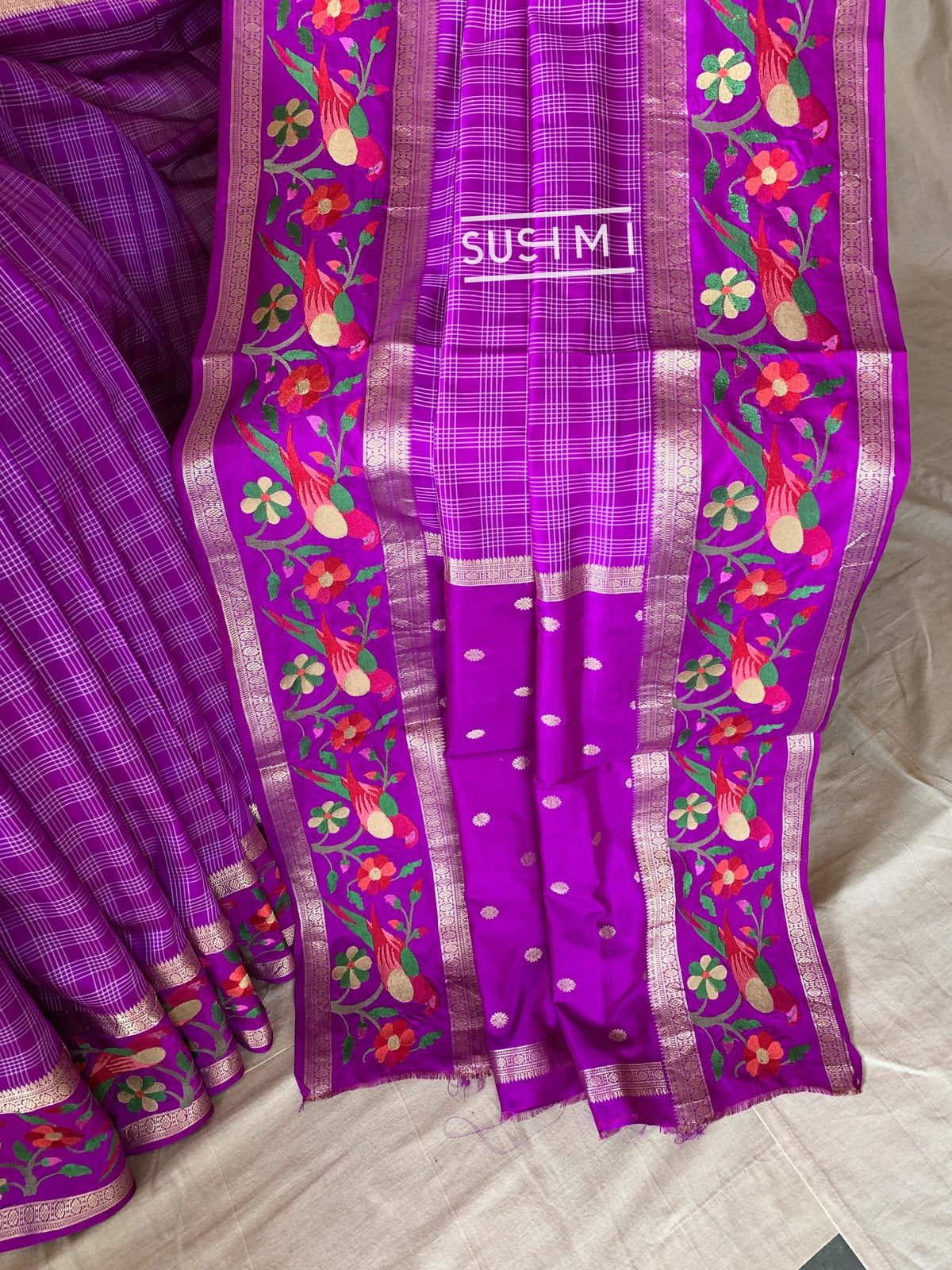 Majenta Vintage checks Kanjeevaram soft silk saree with embroidery D62F041