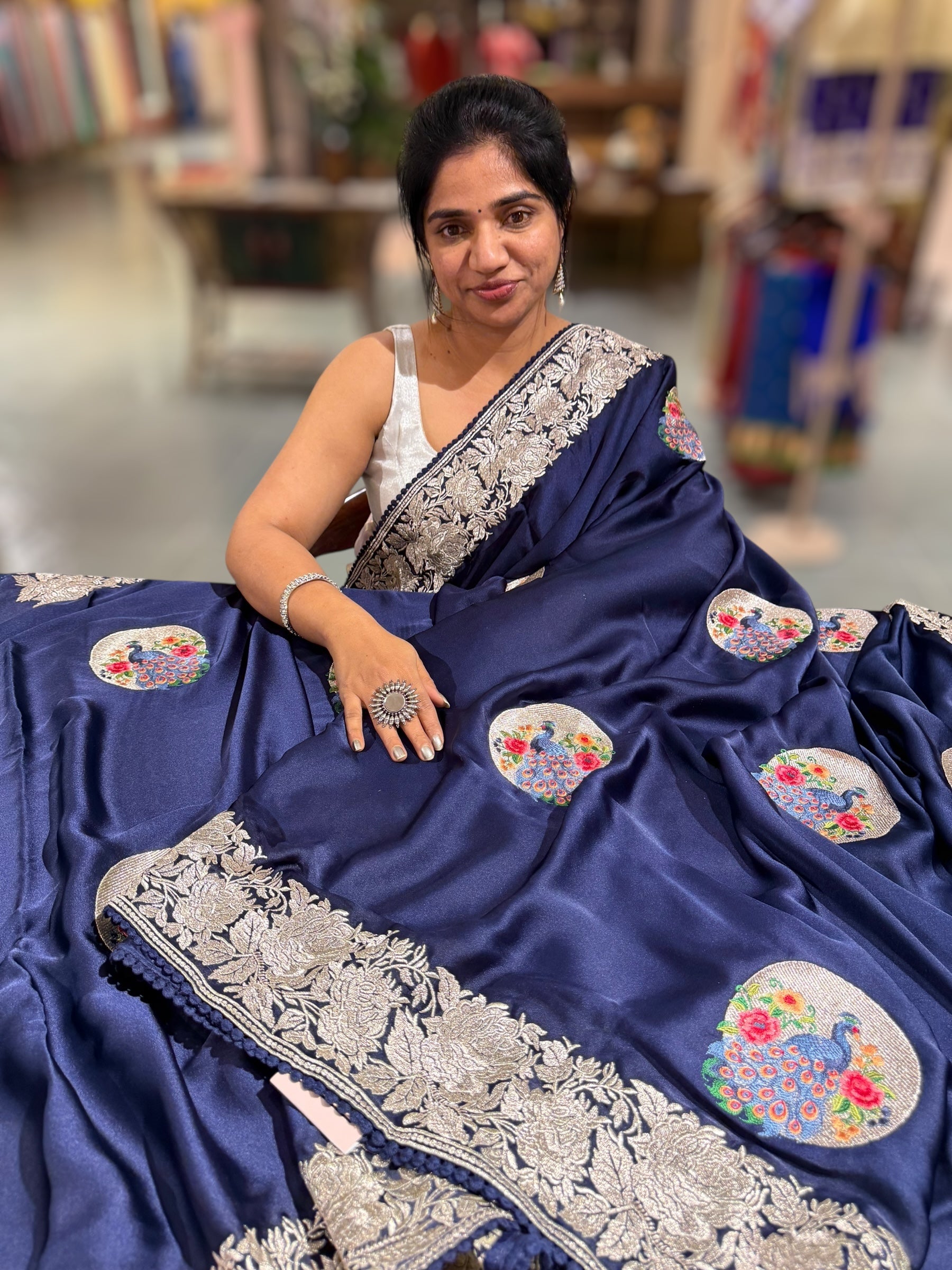 Midnight Blue Designer Satin Saree with stunning embroidered border & motifs