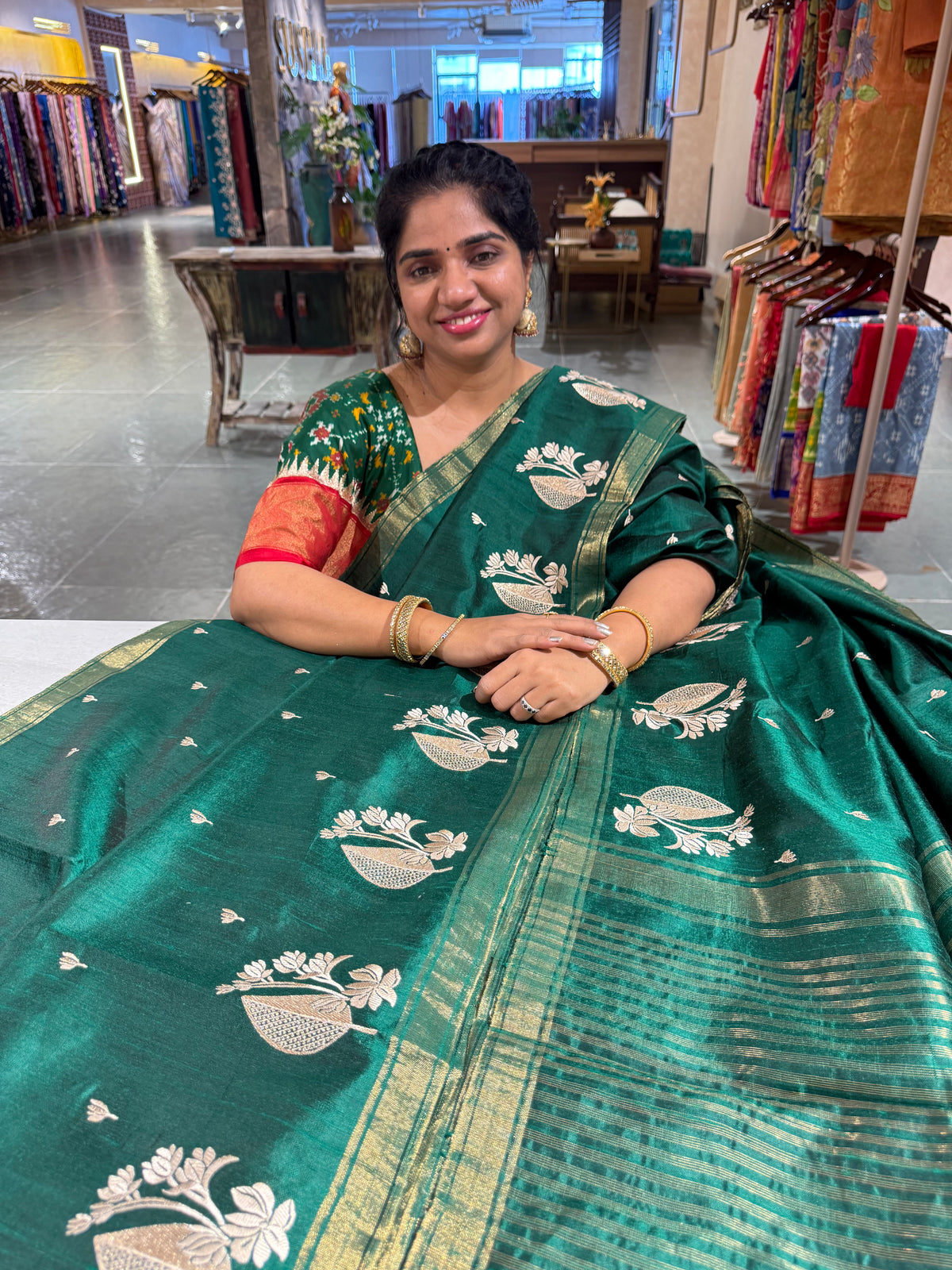 Bottle Green Pure Handloom Raw Silk Saree