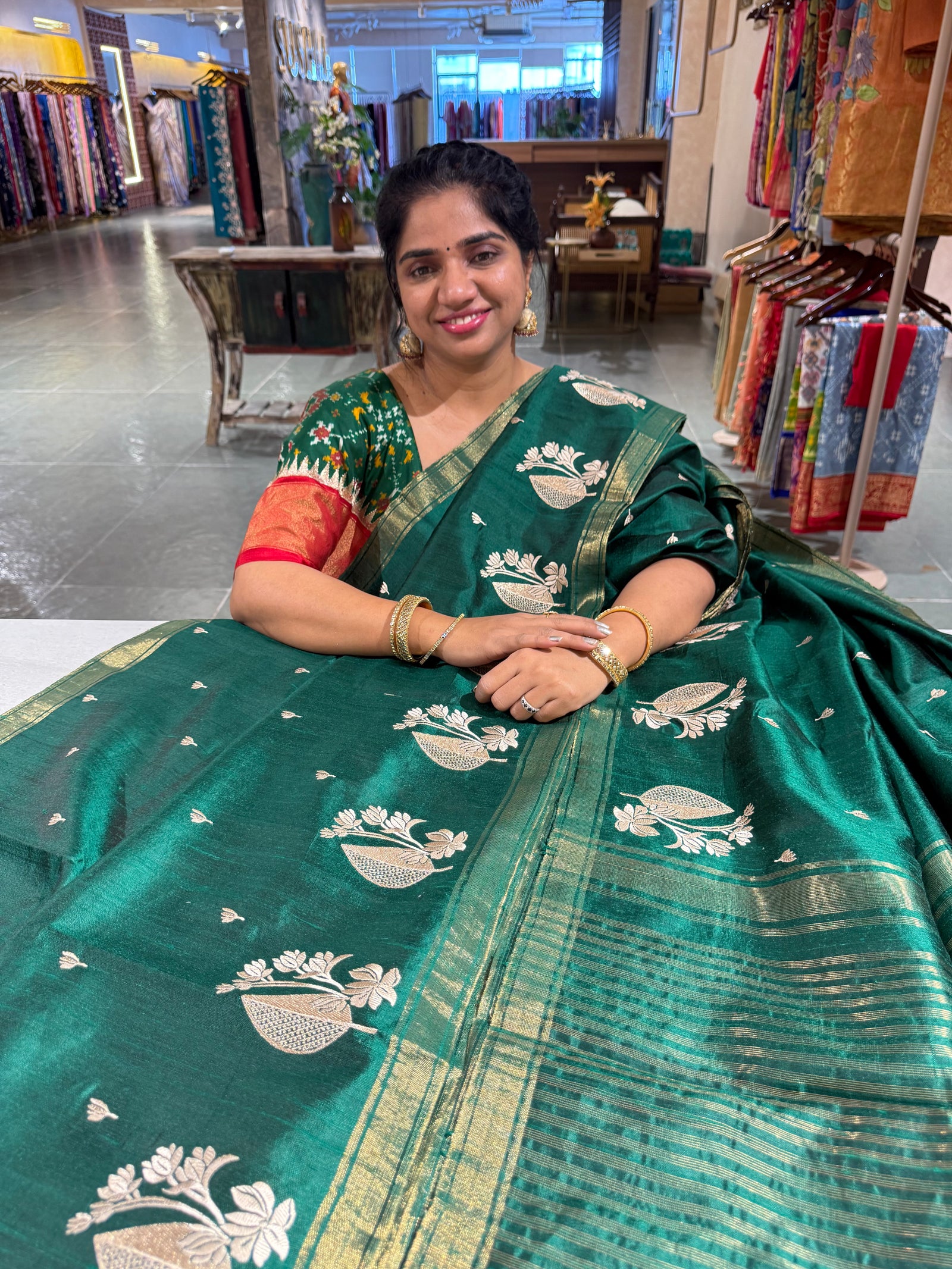 Bottle Green Pure Handloom Raw Silk Saree