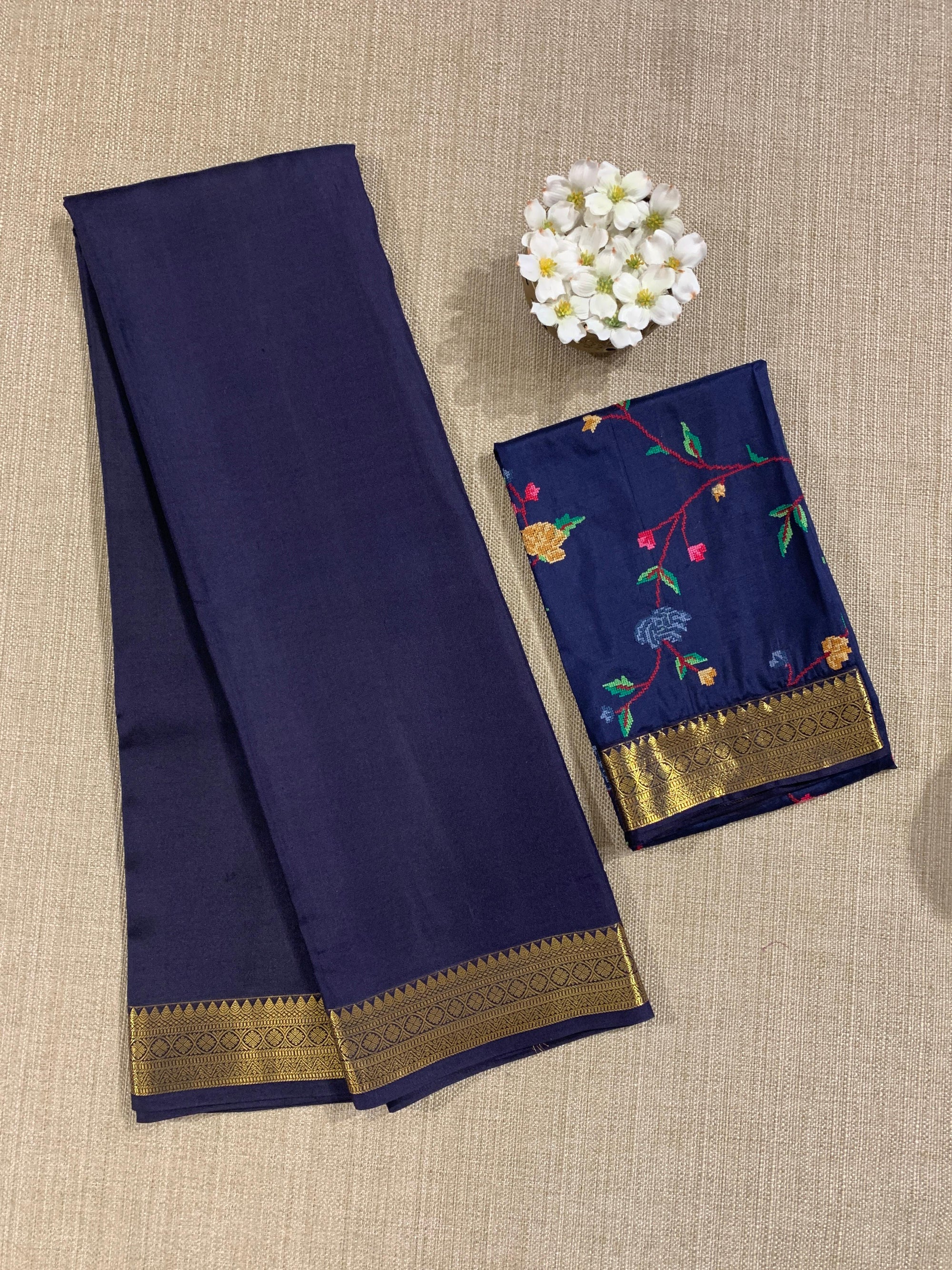 Midnight Blue Kanchi Vintage Saree with Petite Point Embroidered Blouse