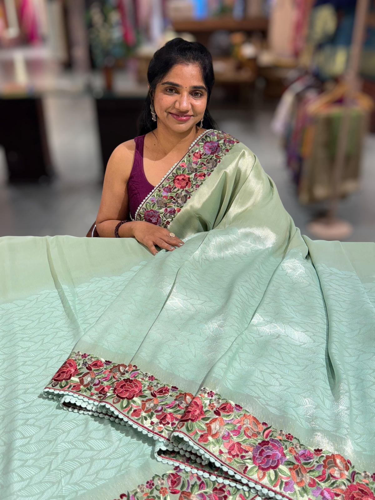 Mint Blue Banarasi Brocade tissue saree with tonchui style weaving and parsi gara embroidered border