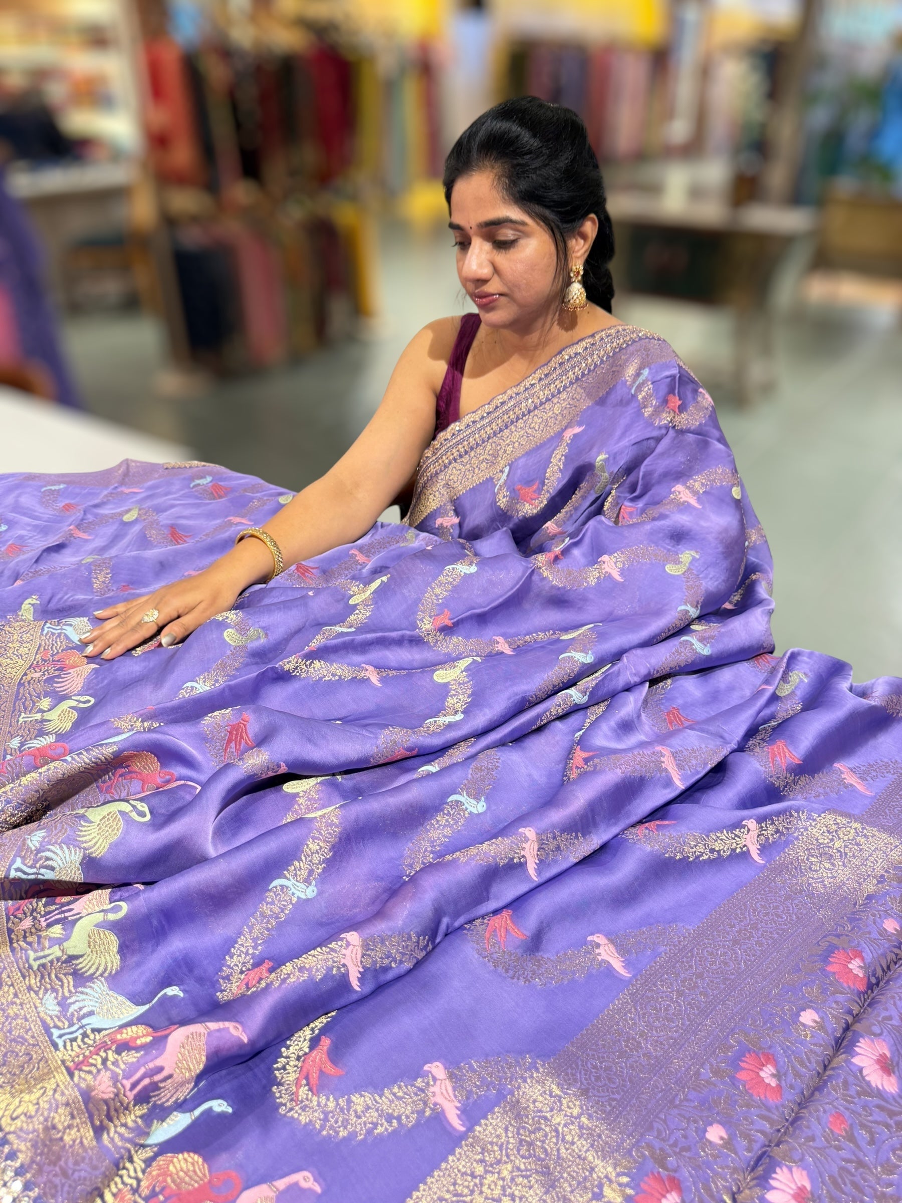 Lavender Mashru Silk Saree with allover weaving and Sahbysachi borders and Blouse