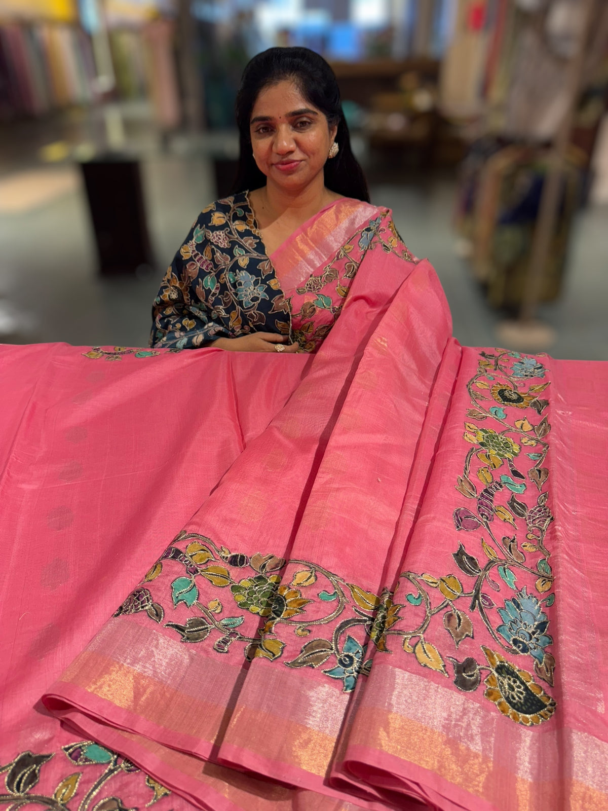 Peach Pink chanderi silk cotton saree with kalamkari applique border