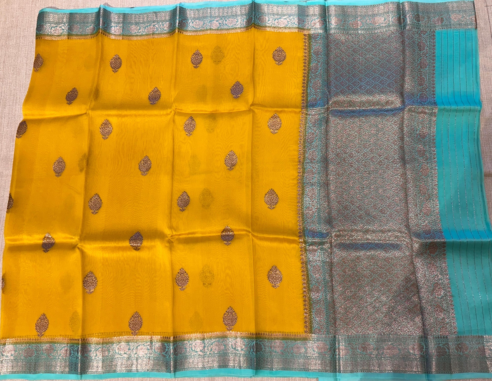 Mustard and teal combo Pure Handloom premium Kora Banarasi Saree