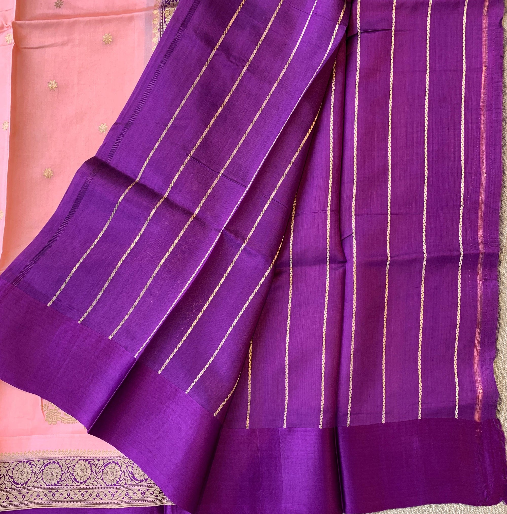 Peach Pink & Purple Combo Raw Mangoe Silk Saree with heavy weaving mashru border & kaduwa woven motifs.