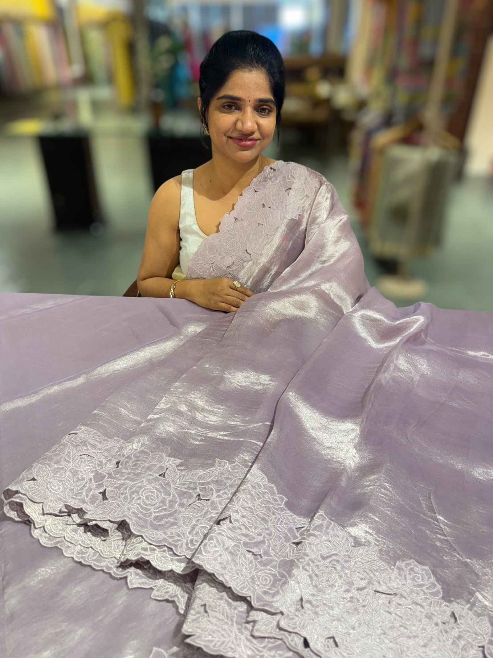 Lilac Banarasi Tissue With Rose Cutwork embroidered Border