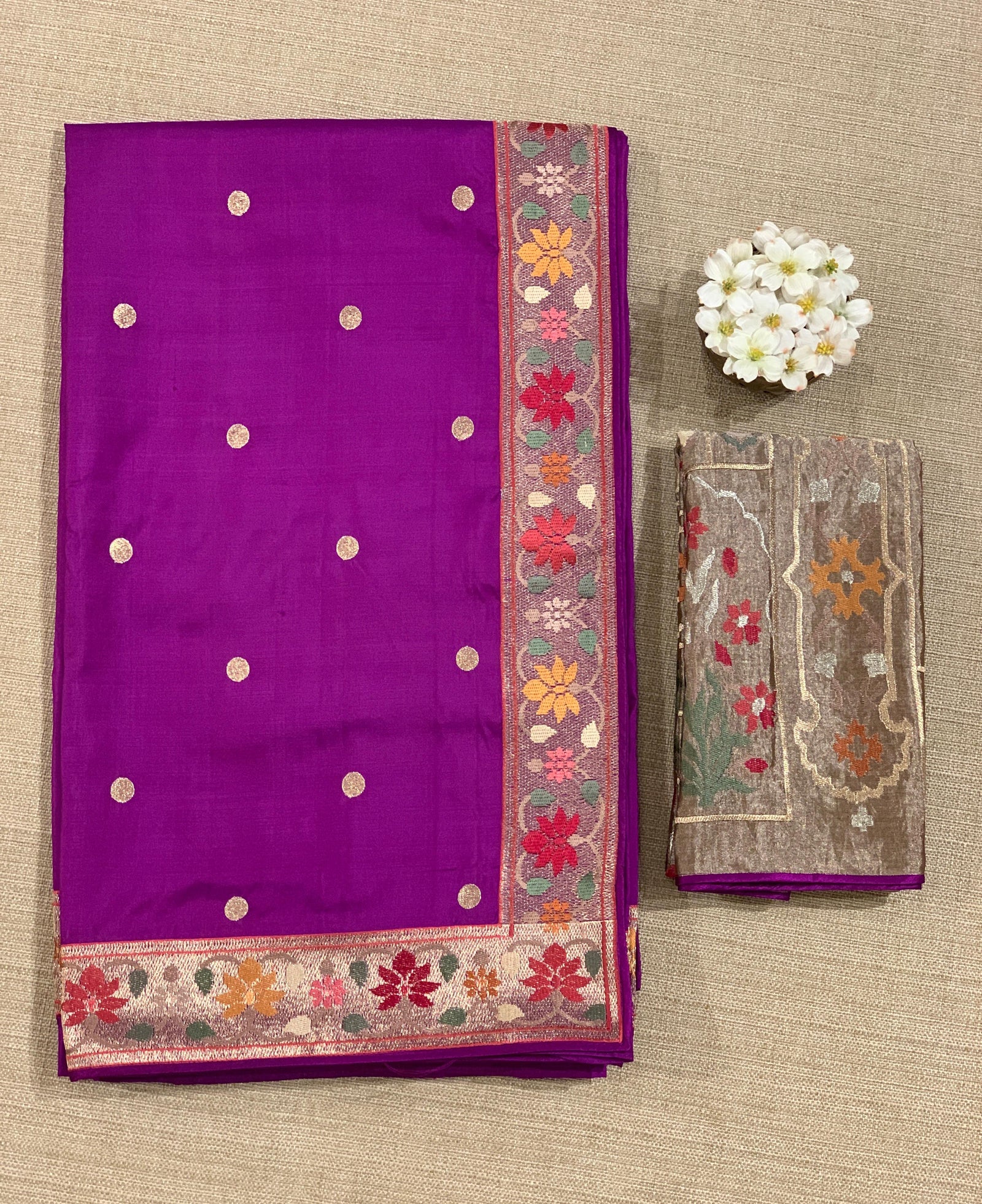 Majenta Kanchi soft silk saree with pythani and jamdani inspired embroidery