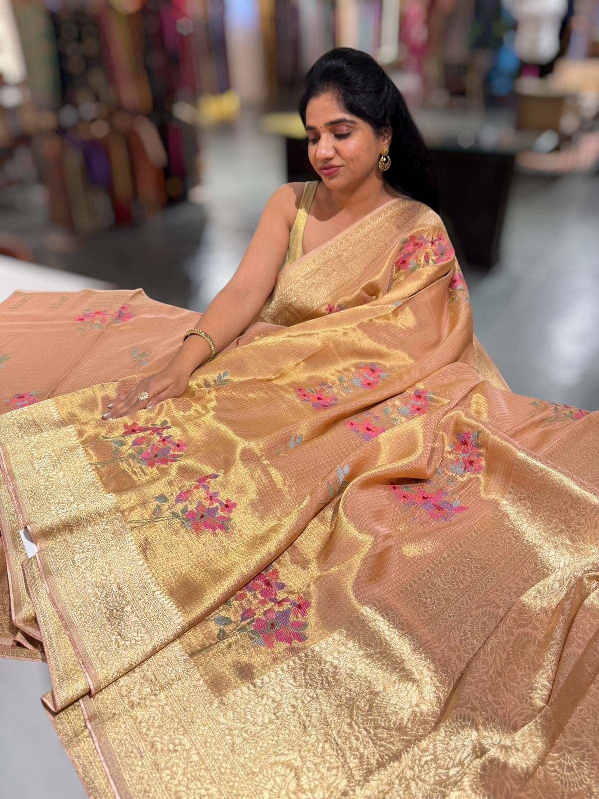 Peach Fancy Banarasi tissue tonchoi weaving saree with embroidery