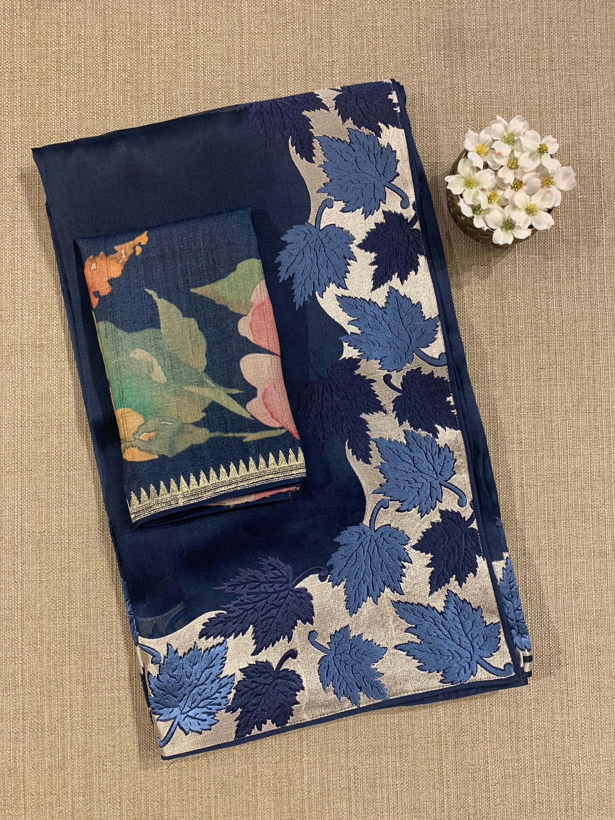 Midnight Blue Organza Saree with Stunning Leaf Embroidered Border