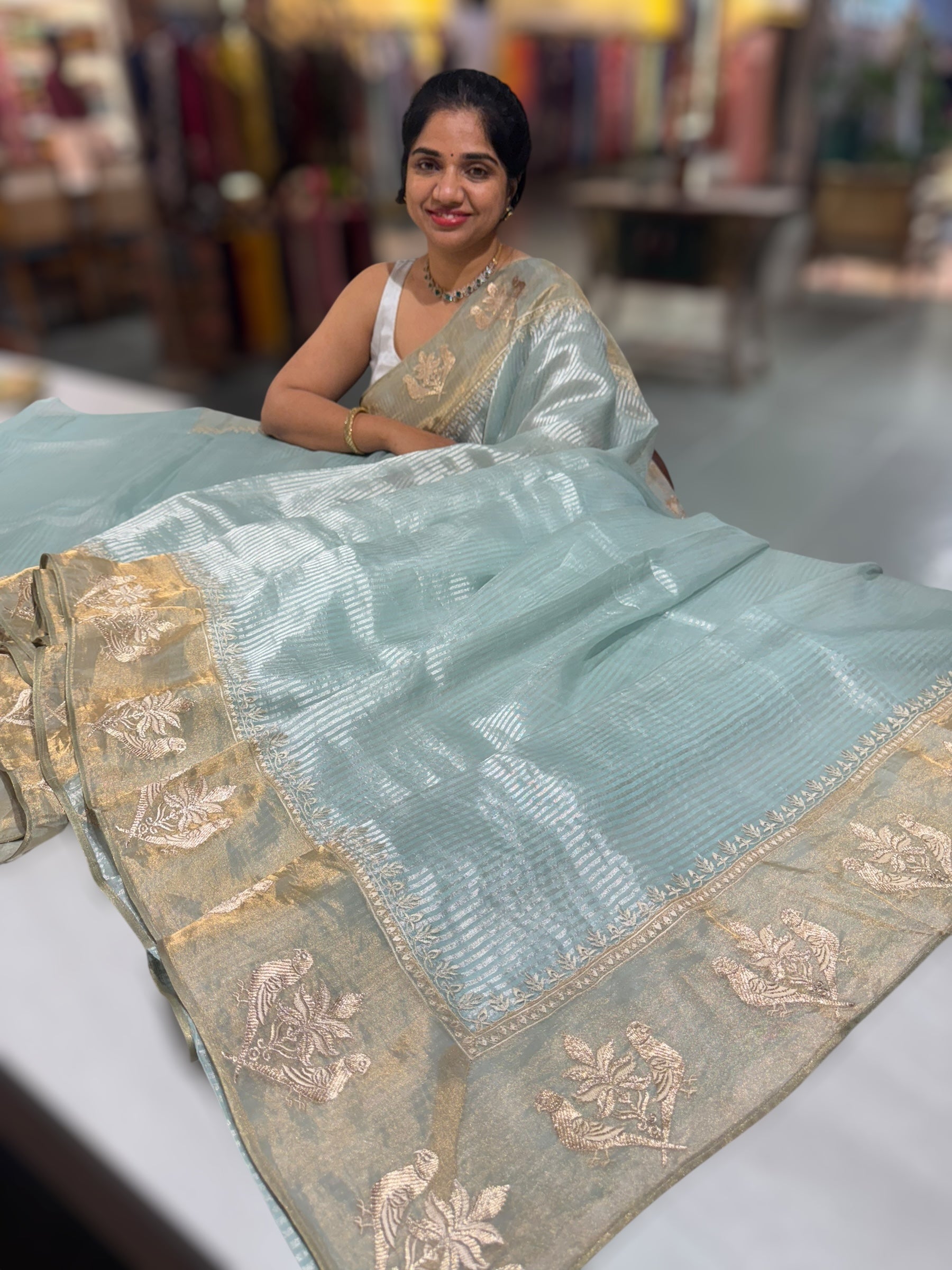 Pastel Blue Kora tissue silver stripes Saree with double parrot  embroidered tissue border