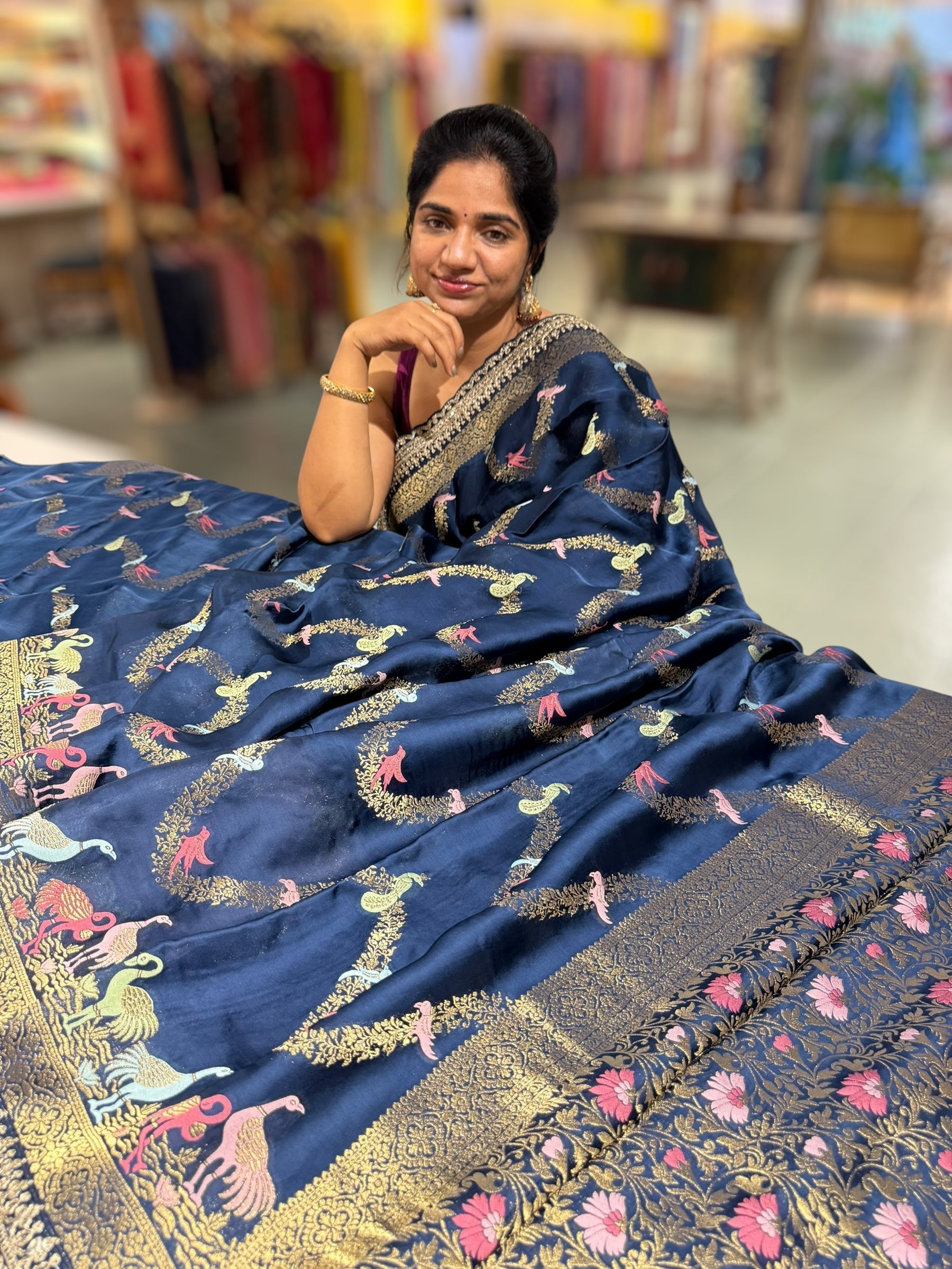 Midnight Blue Mashru Silk Saree with allover weaving and Sahbysachi borders and Blouse