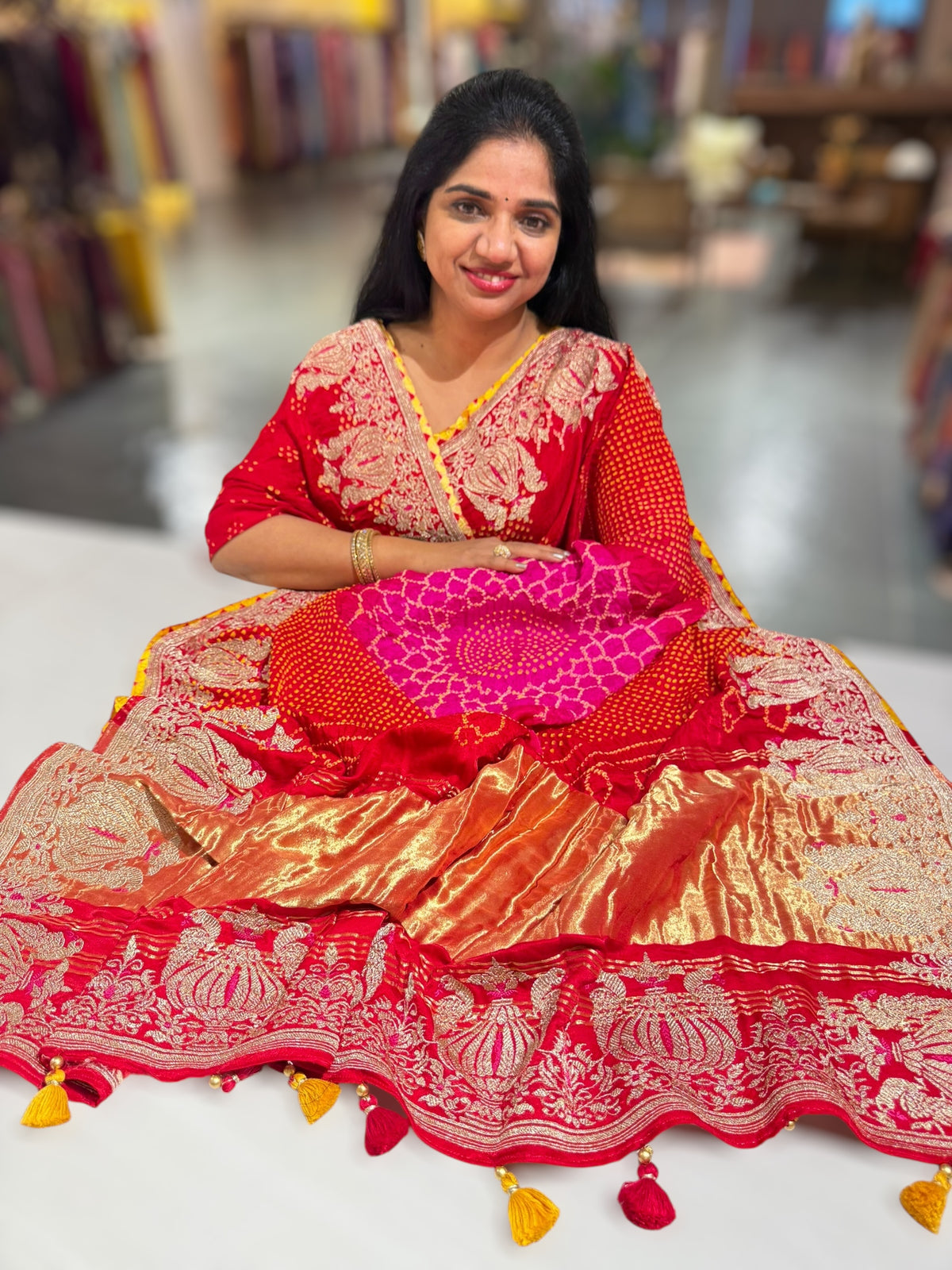Red Rai bandhej Saree With Embroidered Border