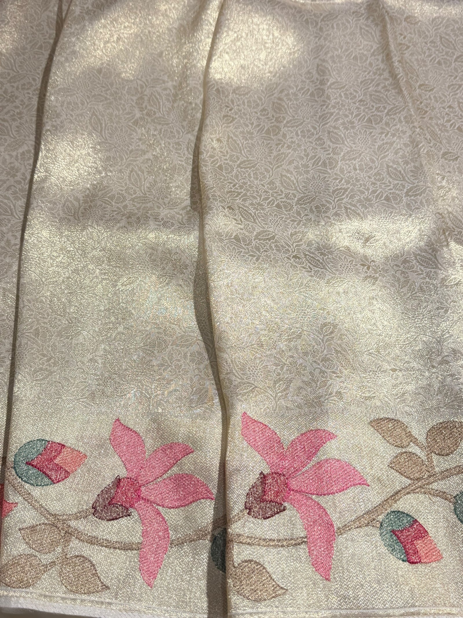 Ivory Banarasi Brocade tissue saree with tonchui style weaving & pythani inspired embroidered border