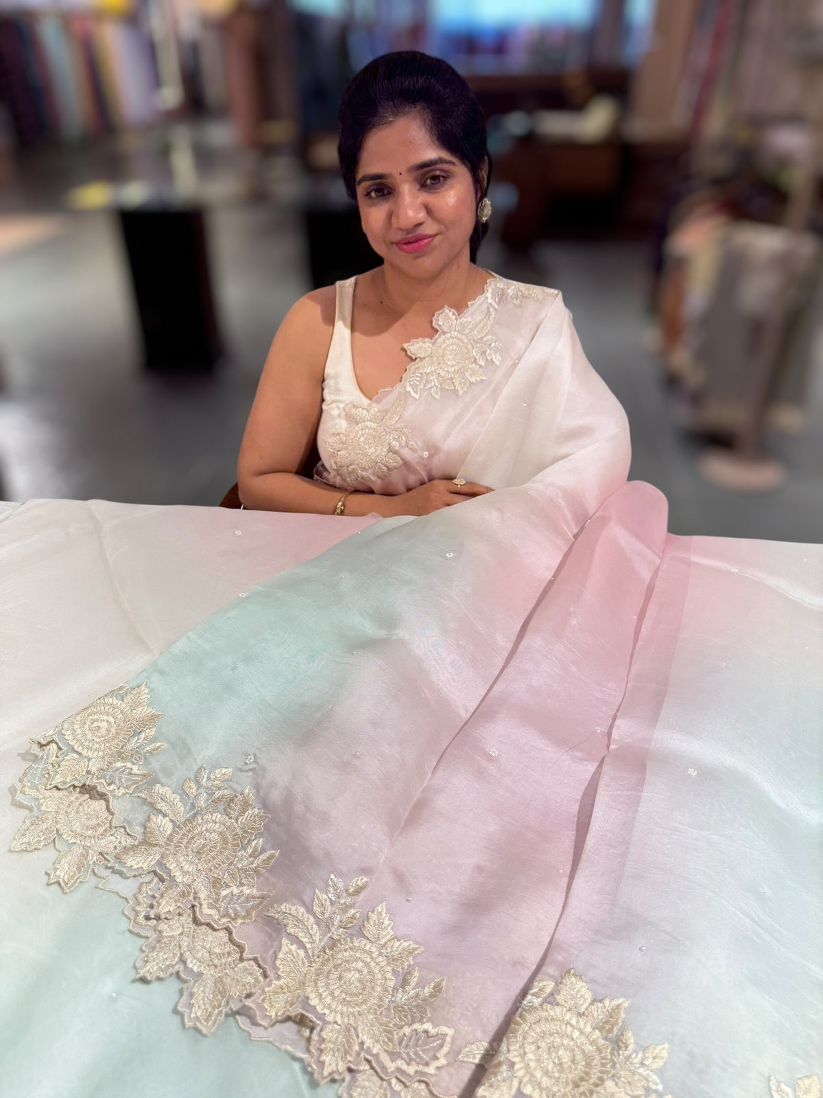 Ombre dyed Pure Organza Saree with parsi gara embroidery