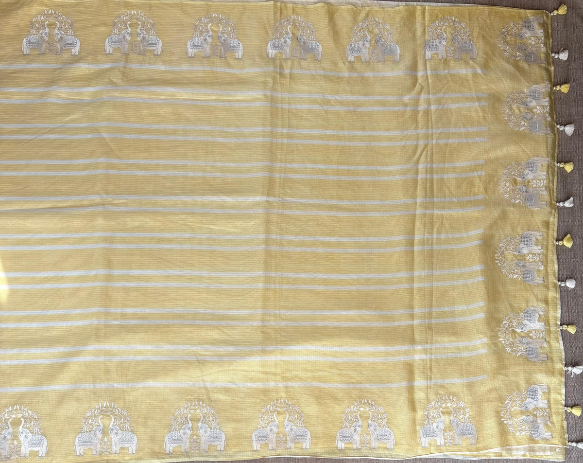 Pastel Yellow Designer Silk kota saree with elephant embroidered border