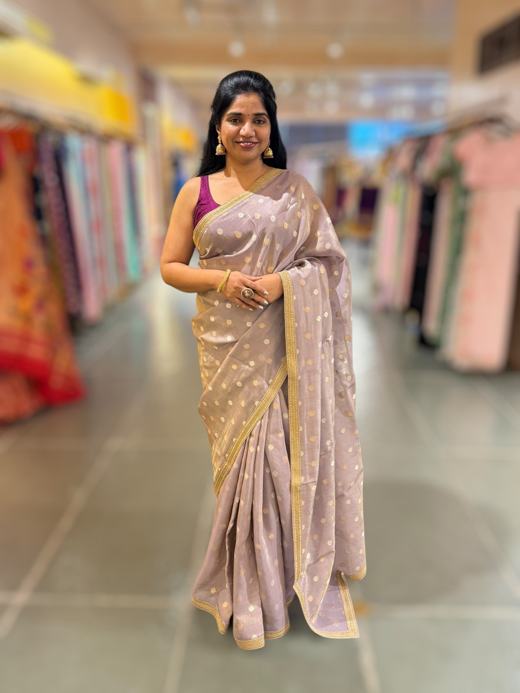 Dusty Lilac tissue Kota saree with sabyasachi borders and fancy Pythani tissue blosue