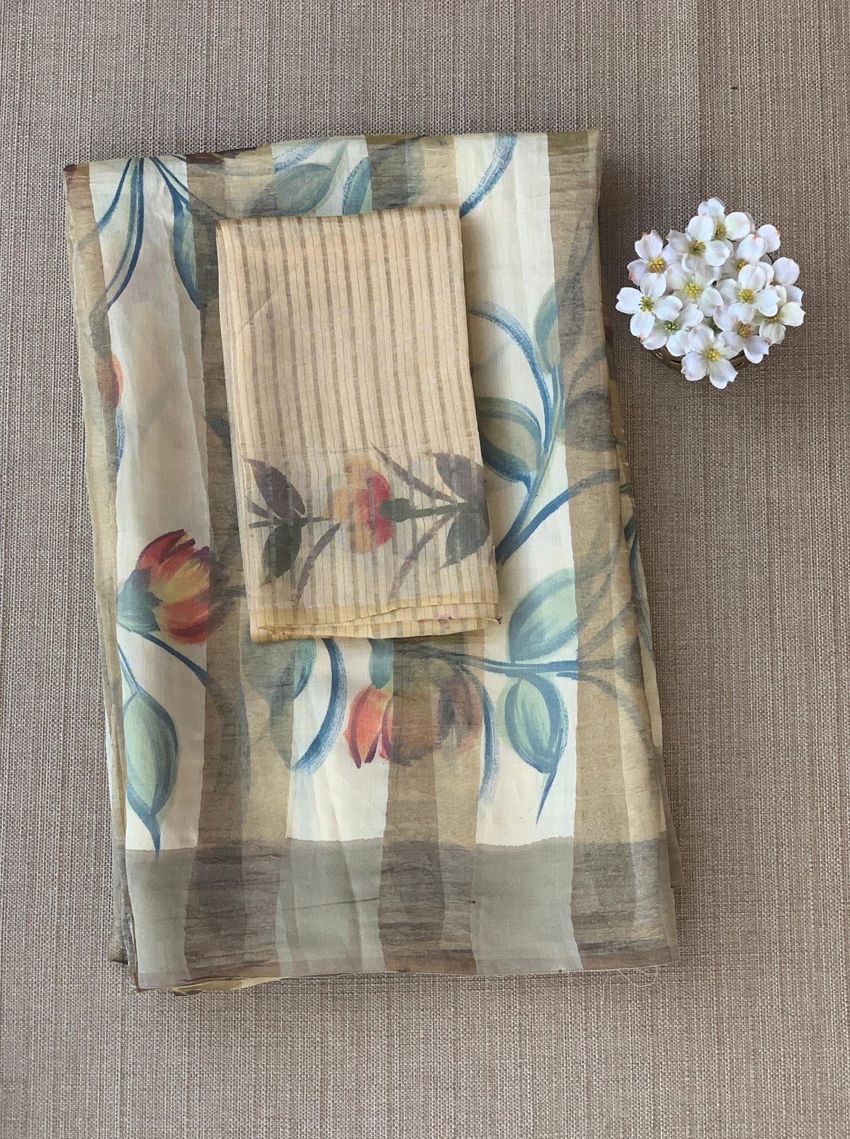 Mul silk handpainted Saree with tissue stripes and