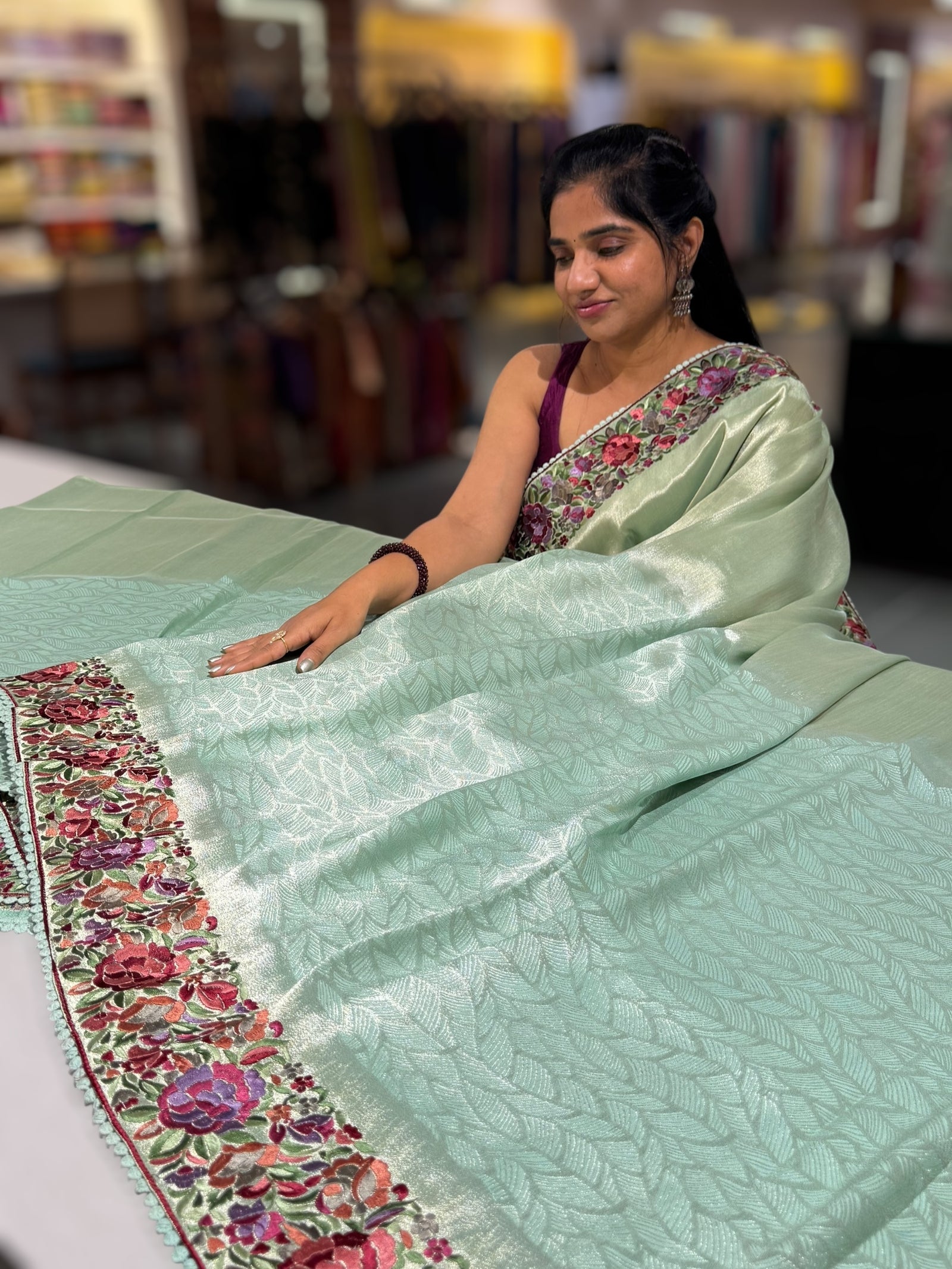 Mint Blue Banarasi Brocade tissue saree with tonchui style weaving and parsi gara embroidered border