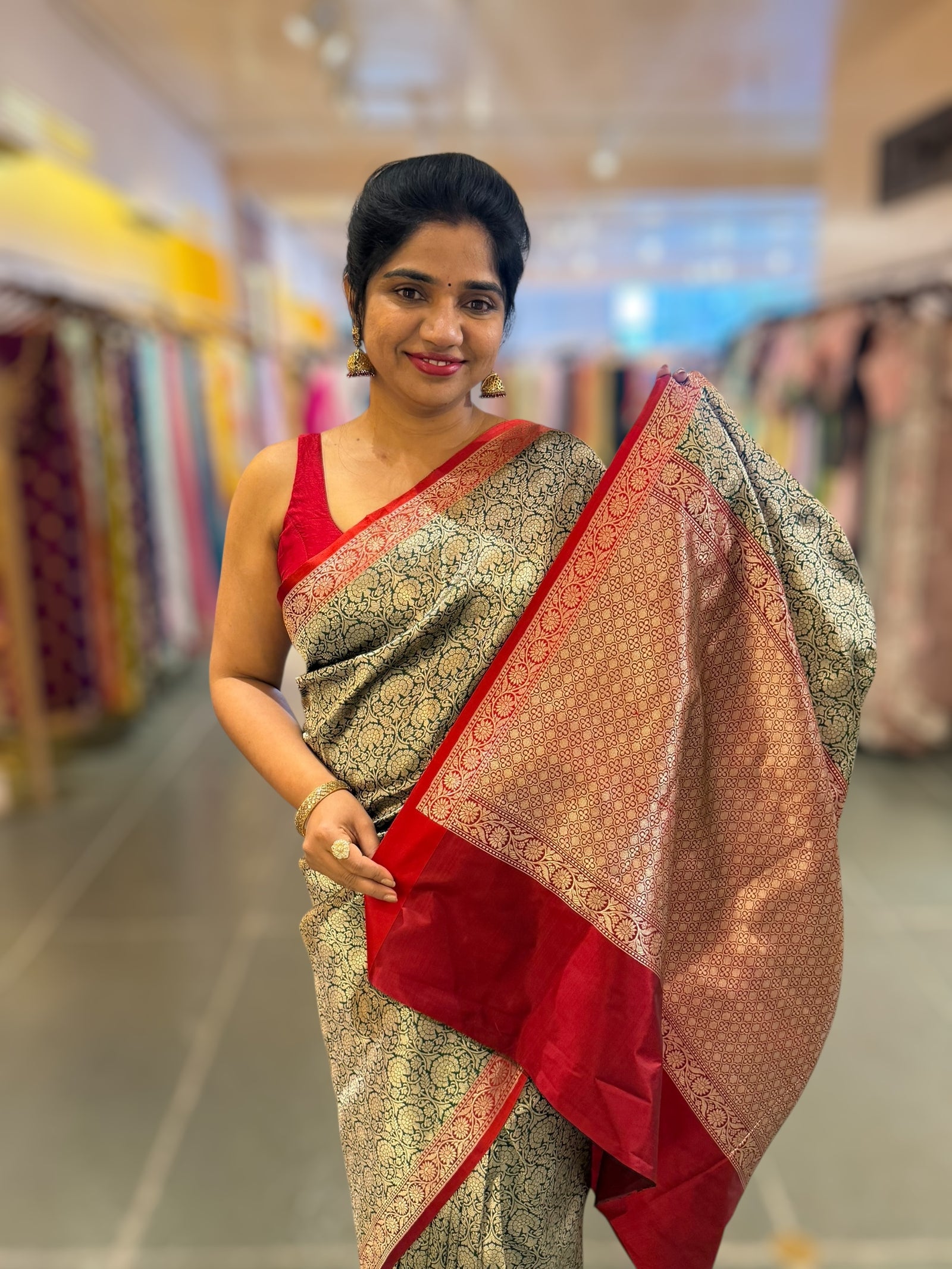 Bottle Green Banarasi katan Tonchoi weaving Saree with red Mashru borders