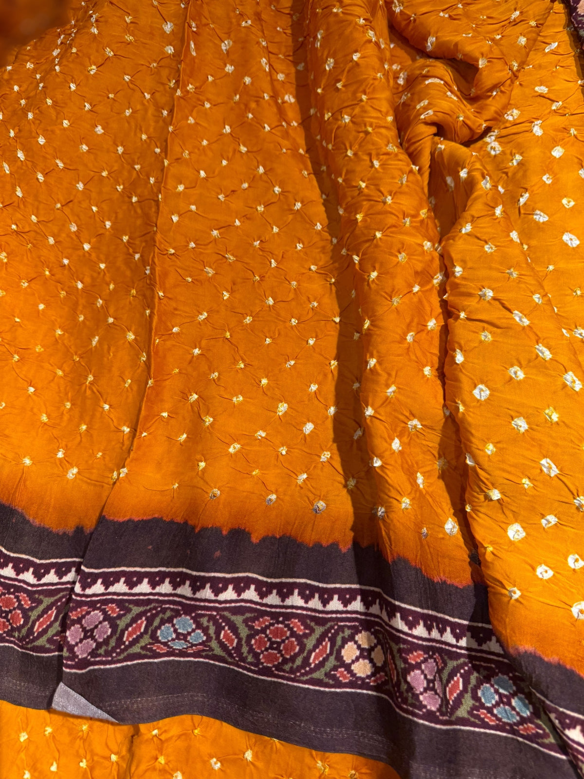 Mustard bandhini kalamkari modal satin saree