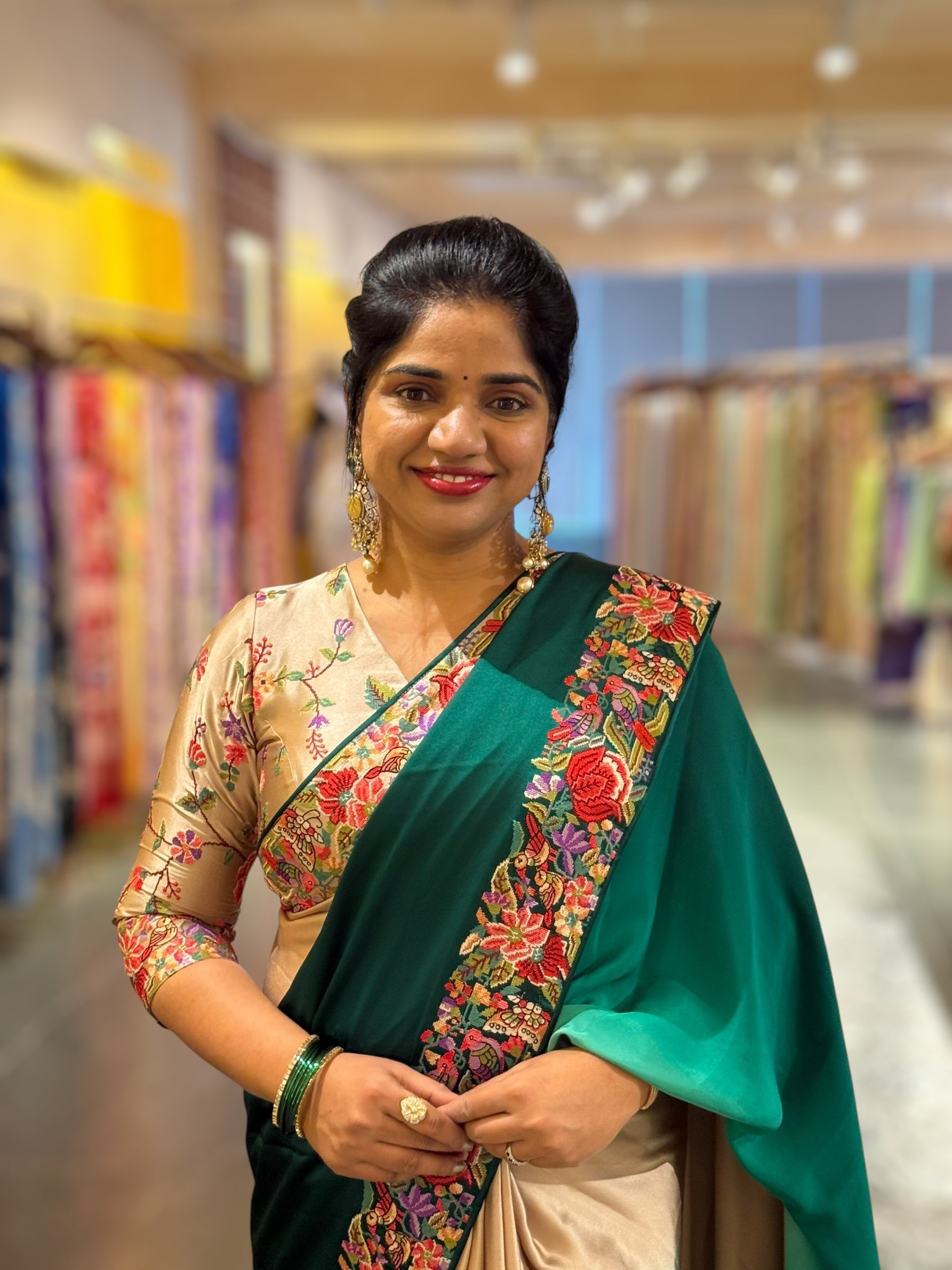 Pure Satin Ombre Dyed Saree with Petite Point Embroidered Border and blouse.