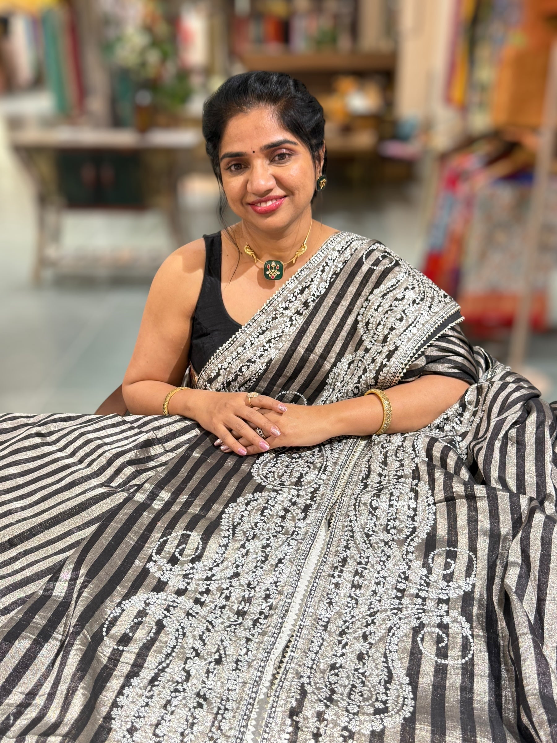 Black & Silver Combo Chanderi tissue Saree with heavy Pita embroidered Border