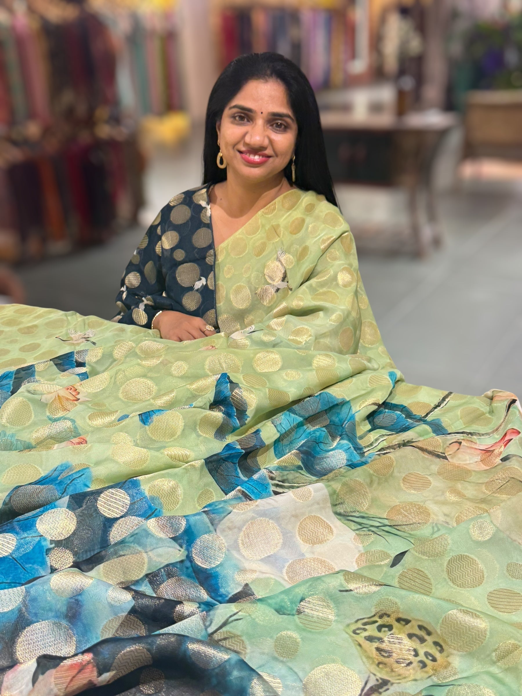 Mint Green Banarasi Kora Gorgette Polka dot Printed Saree