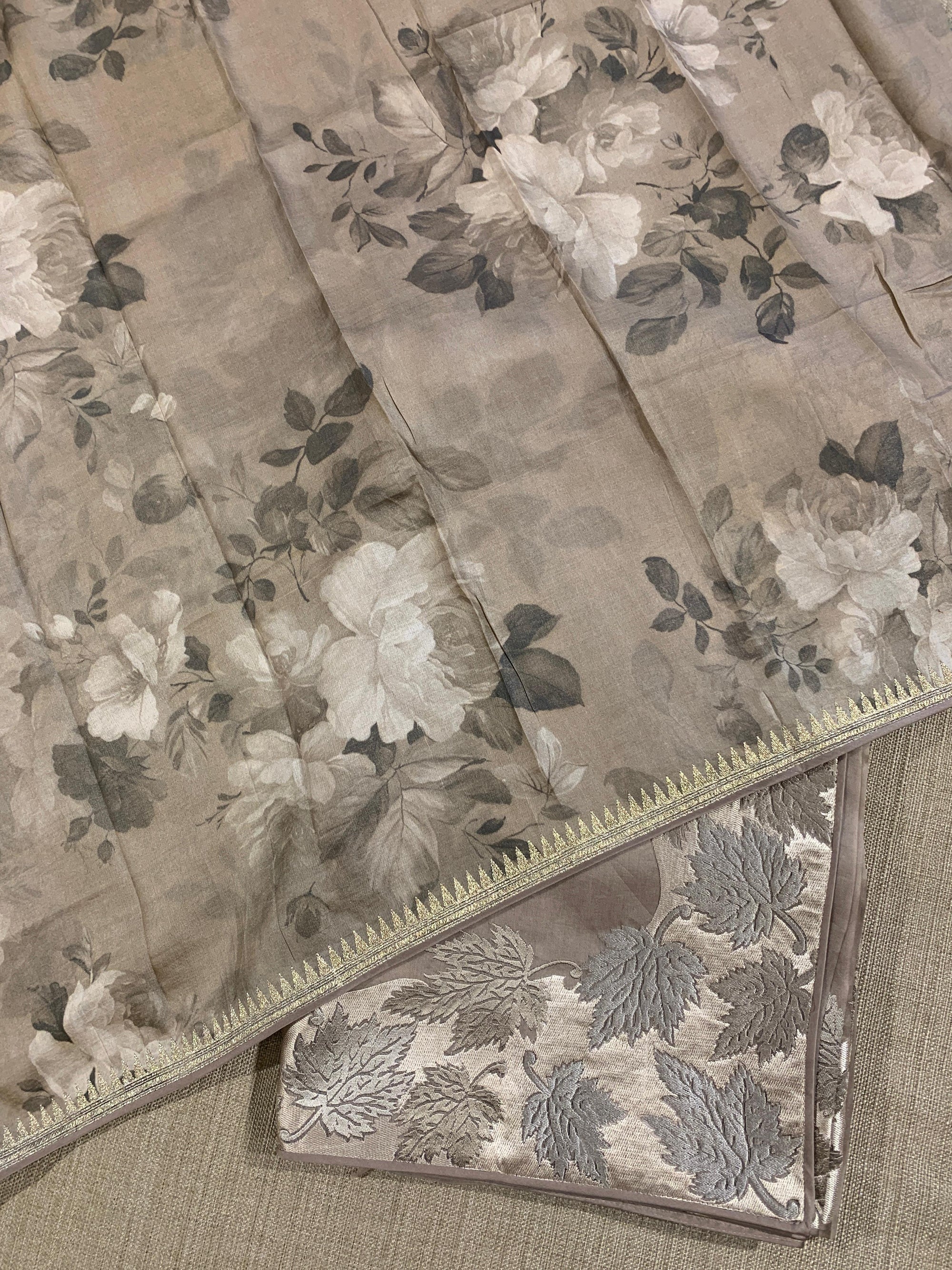 Taupe Organza Saree with Stunning Leaf Embroidered Border