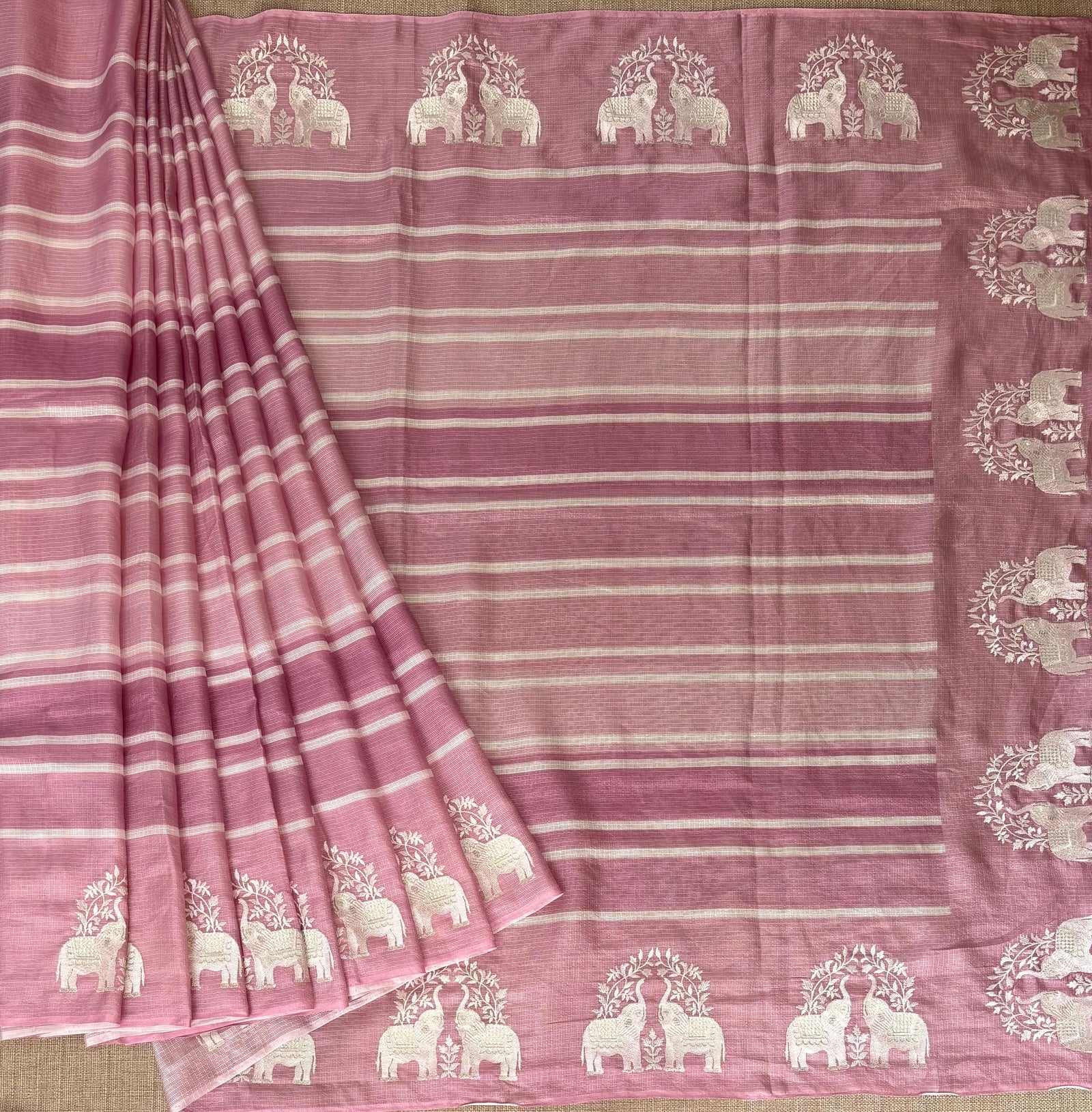 Dusty Pink Designer Silk kota saree with elephant embroidered border