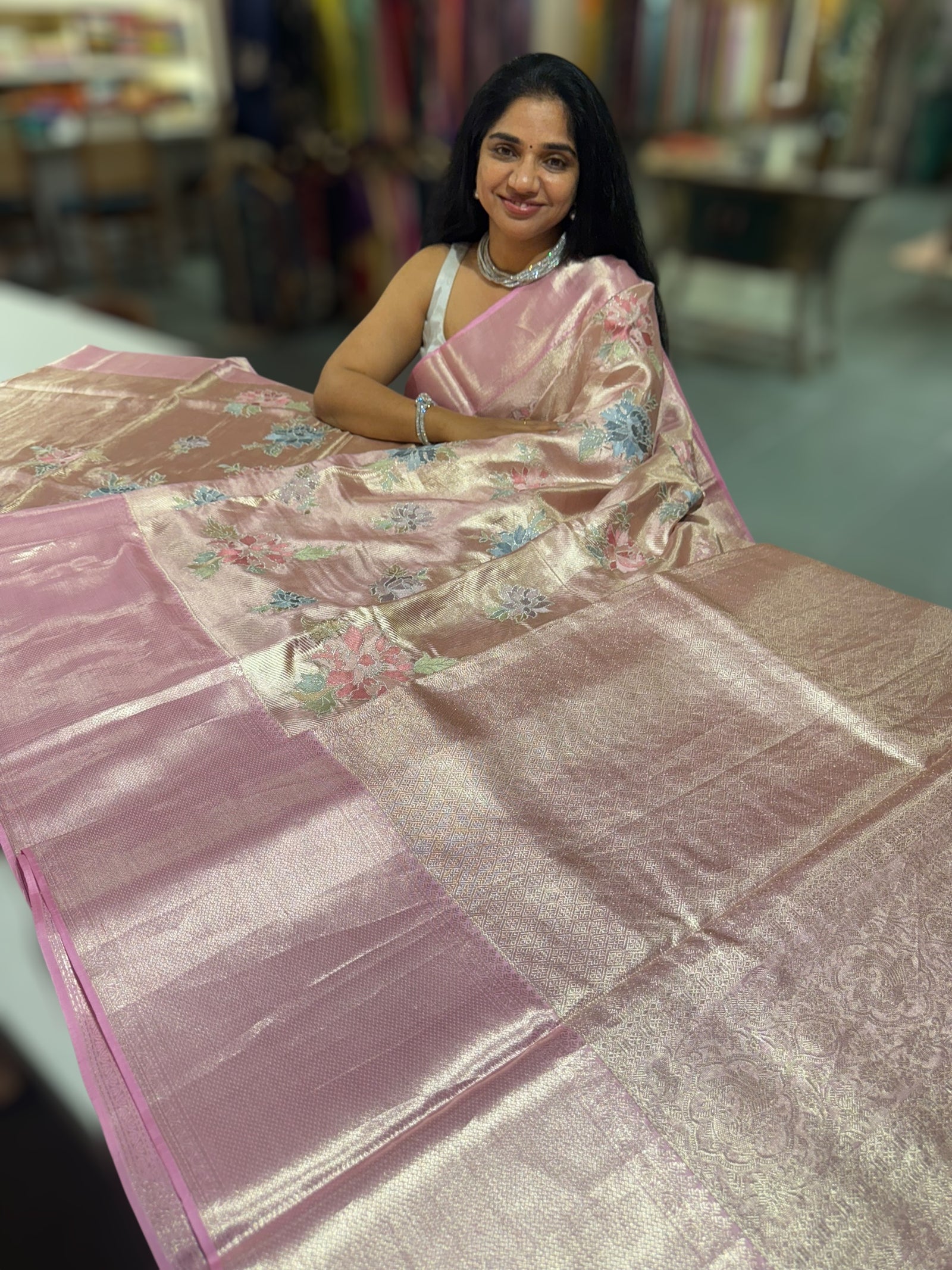 Rose Pink Designer Kanchi Saree with allover embroidery