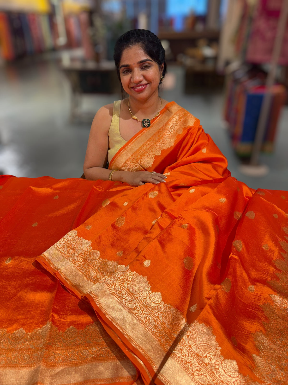 Orange Poona Silk Saree with double Borders