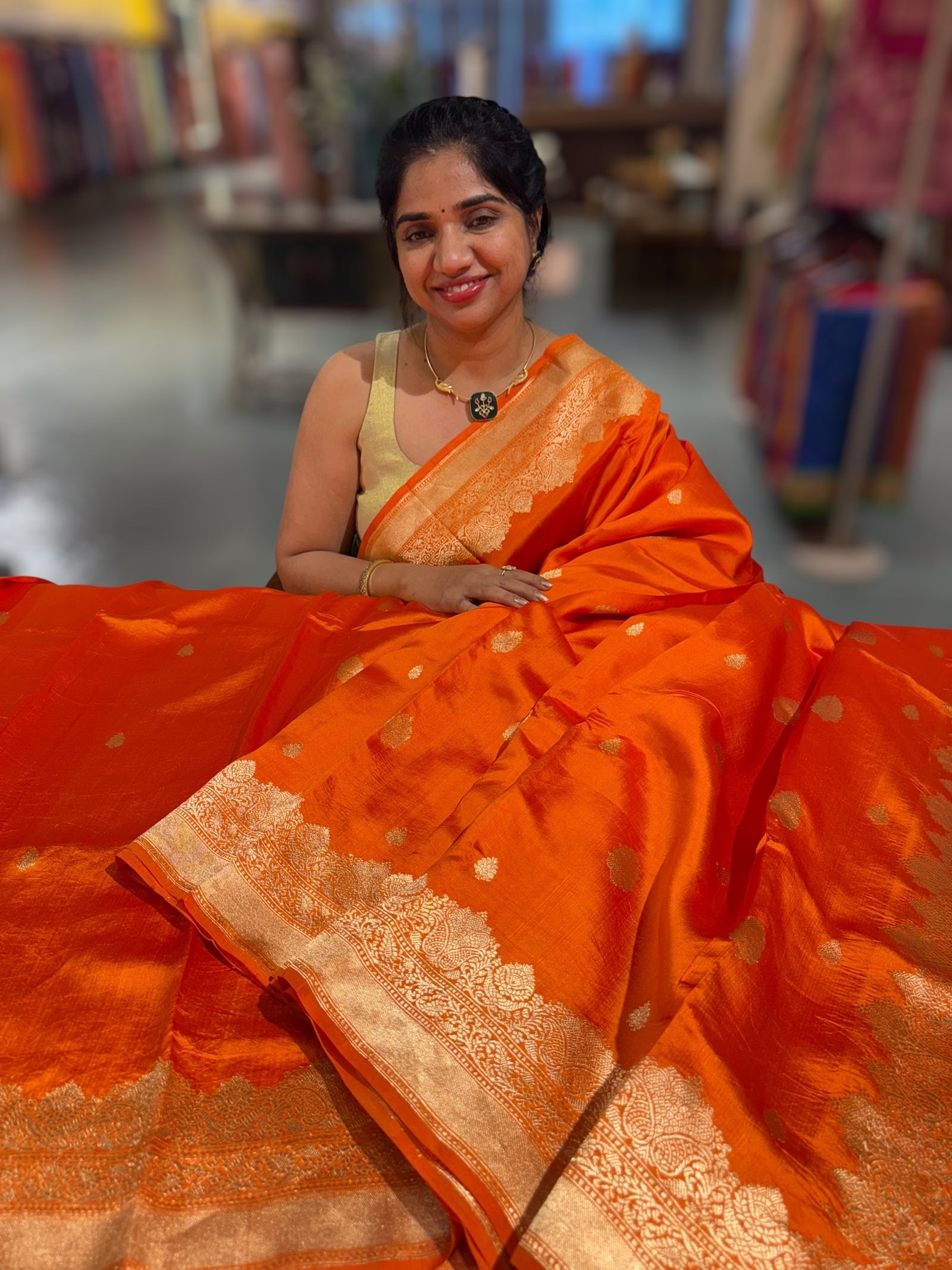 Orange Poona Silk Saree with double Borders