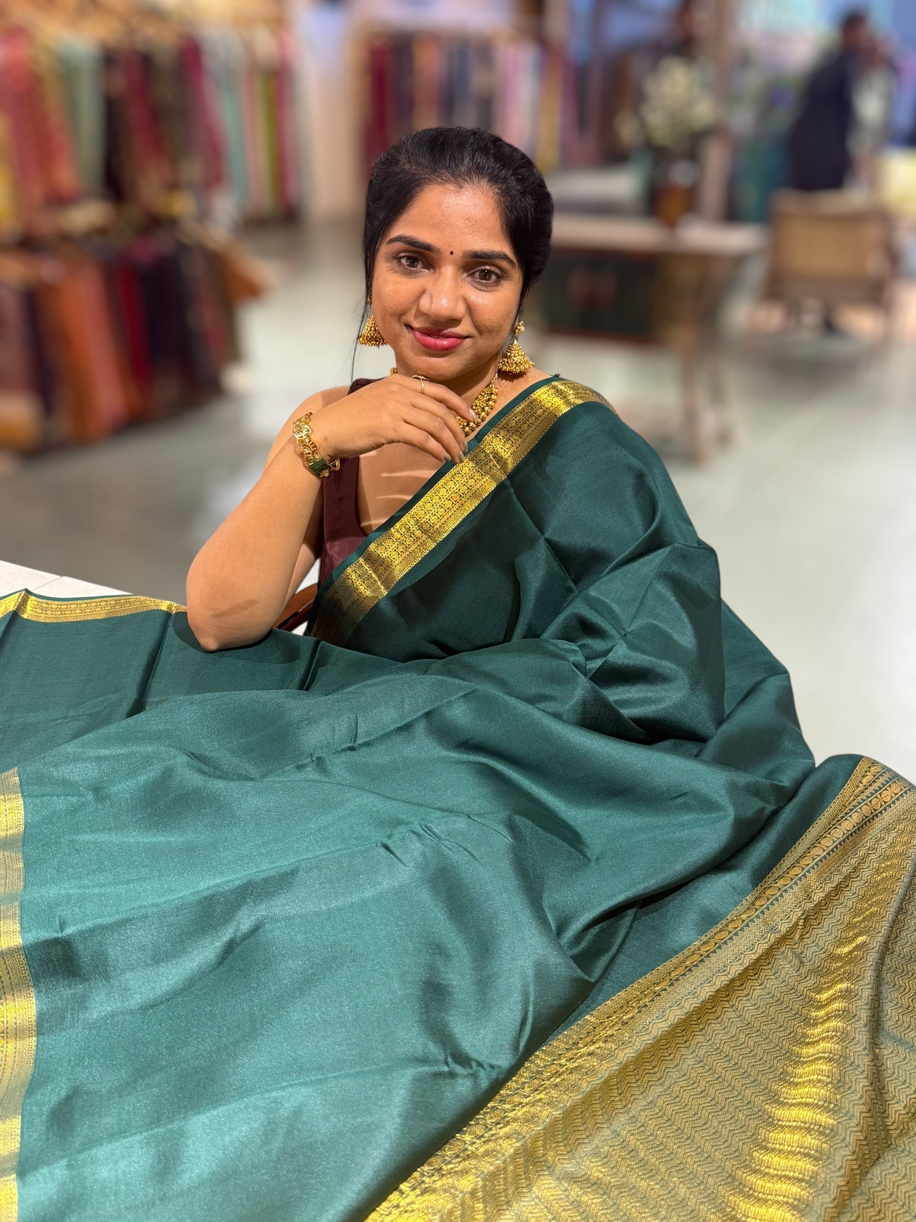 Bottle Green Kanchi Vintage Saree with Petite Point Embroidered Blouse