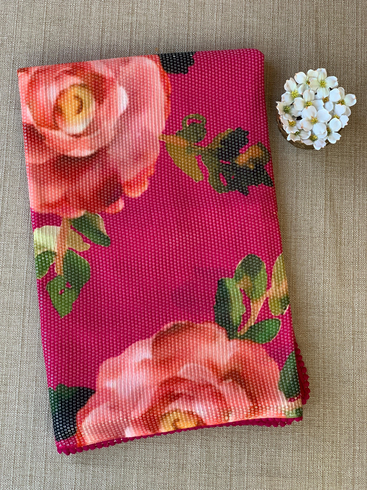 Dark Pink georgette sequence saree with statement floral print